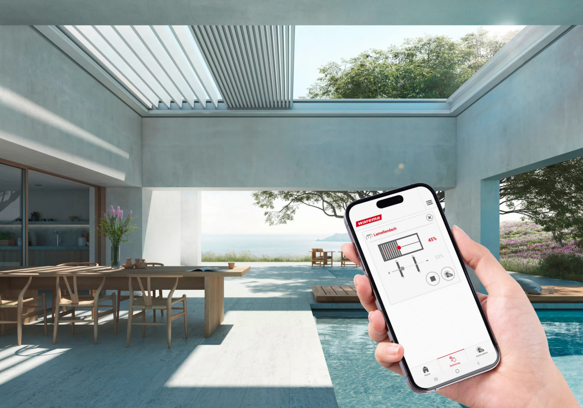 Smart home control in action: Operate sun shading on windows and the terrace seamlessly via app using WMS and Matter. The control system even works across trades—lighting, climate, security, and shading intelligently interact to deliver maximum comfort and energy efficiency throughout the home.