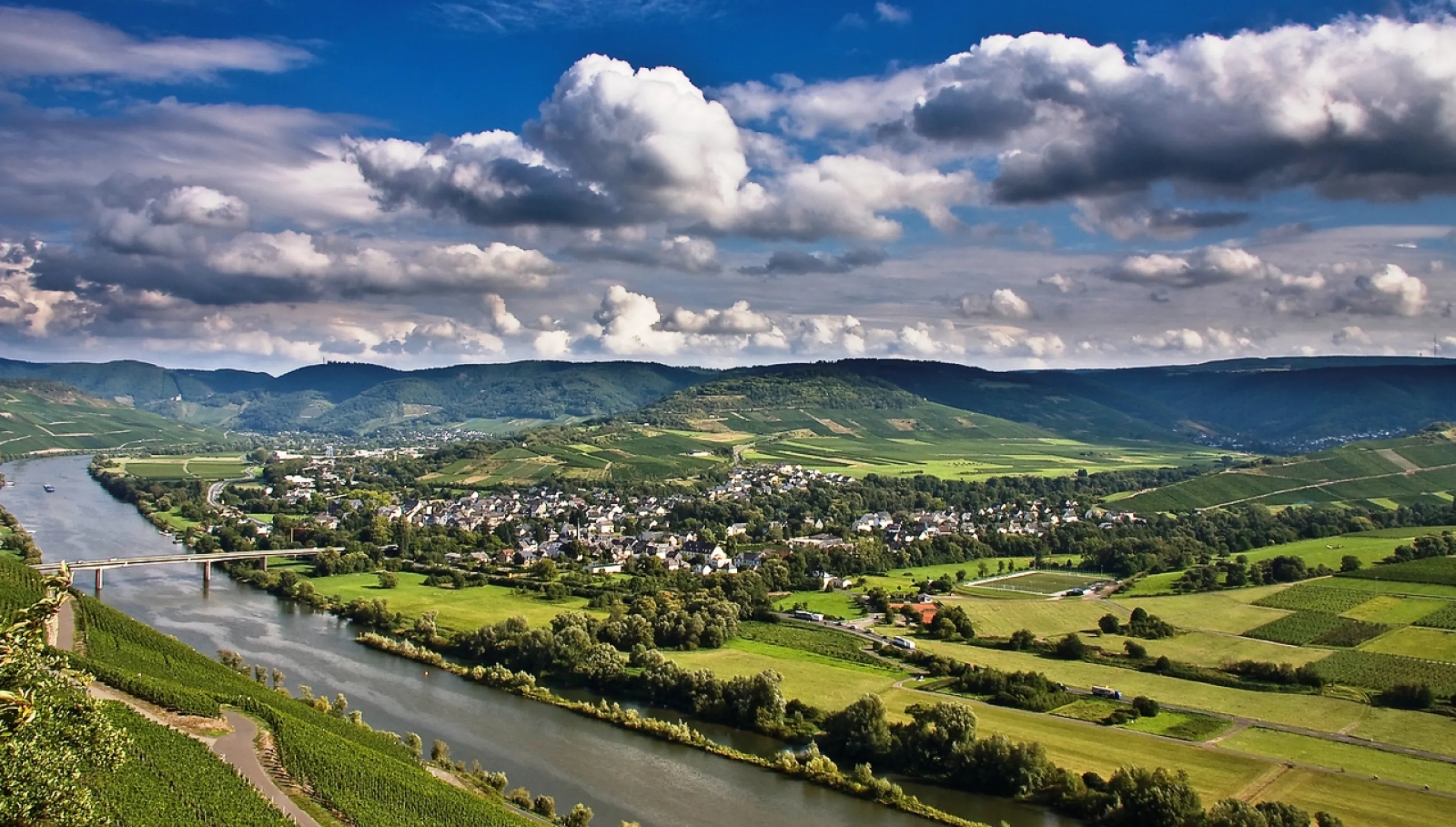 The village of Mülheim and the surrounding vineyards in the Moselle valley.
