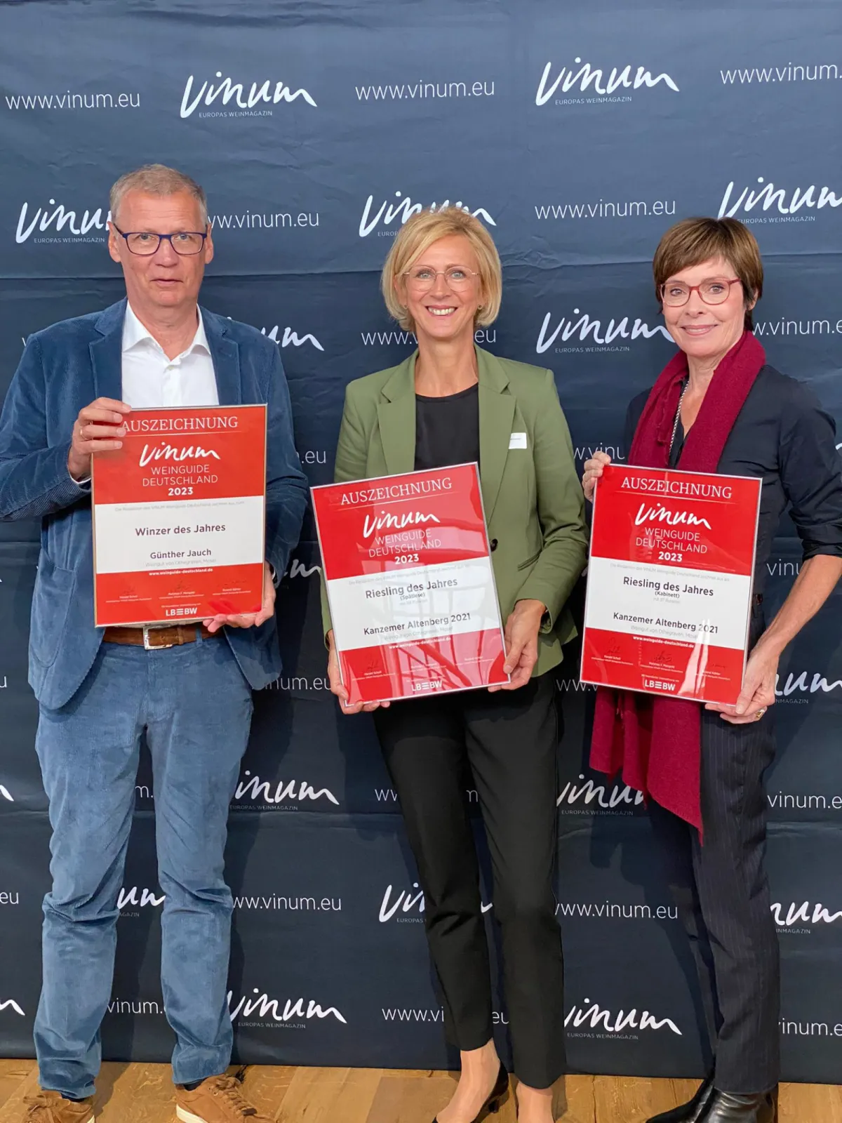 Vinum "winemaker of the year 2023; Günther Jauch, Grit Schedlinski, Dorothea Sihler-Jauch