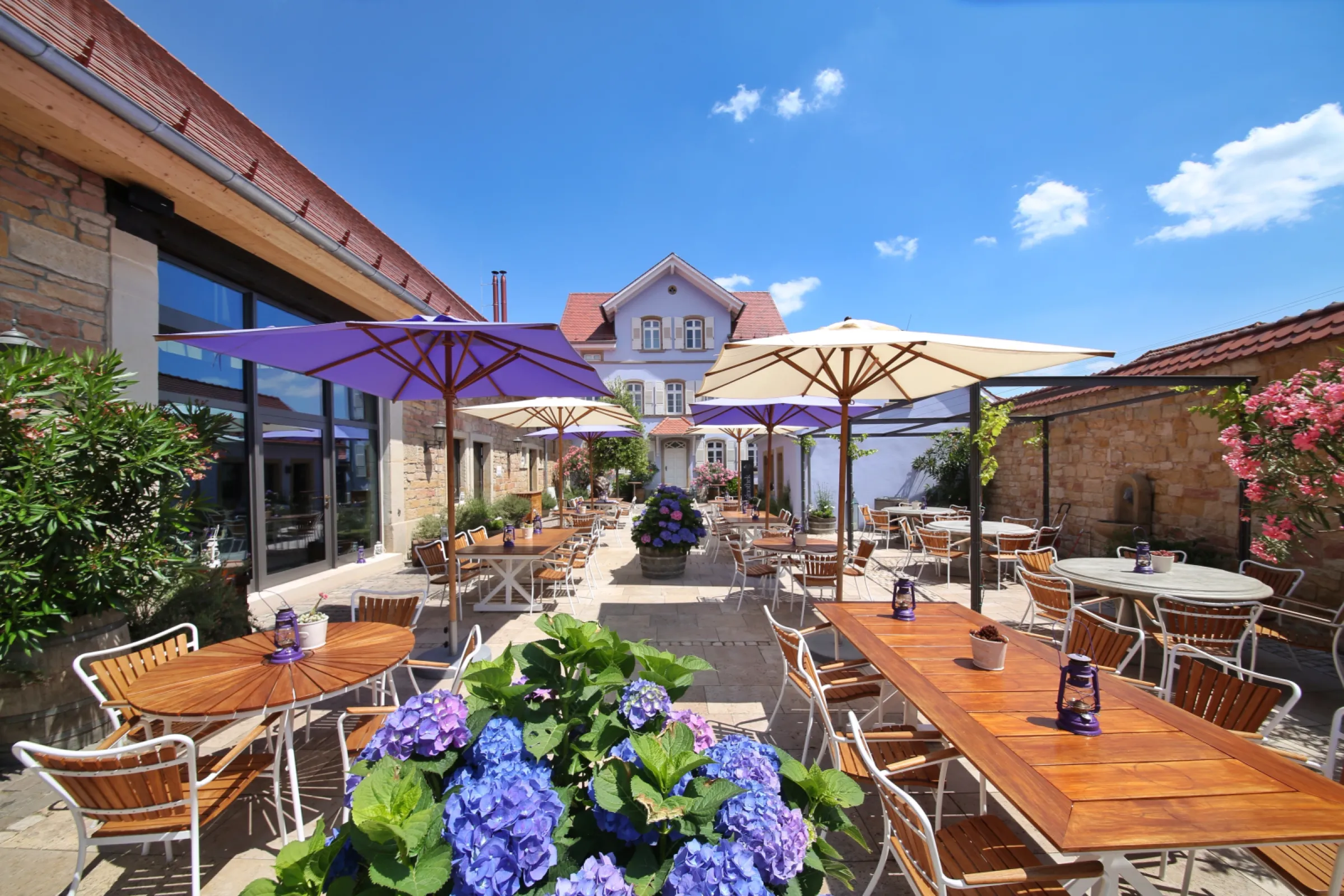 Arrive and linger in our courtyard