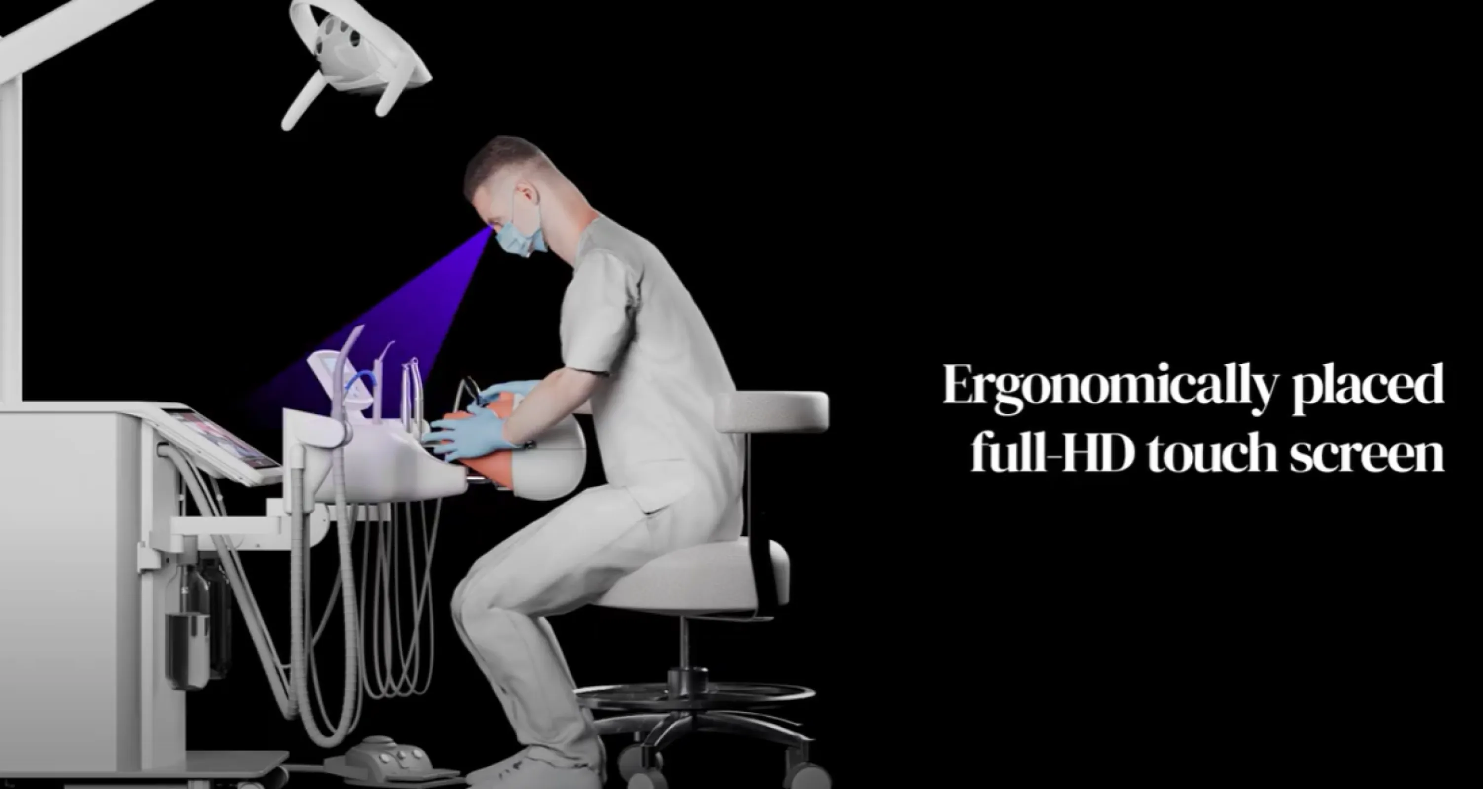 WITH A SLIGHT EYE MOVEMENT, THE STUDENT SWITCHES HIS GAZE BETWEEN THE ORAL CAVITY ON THE SIMULATOR AND HIS TOUCHSCREEN.