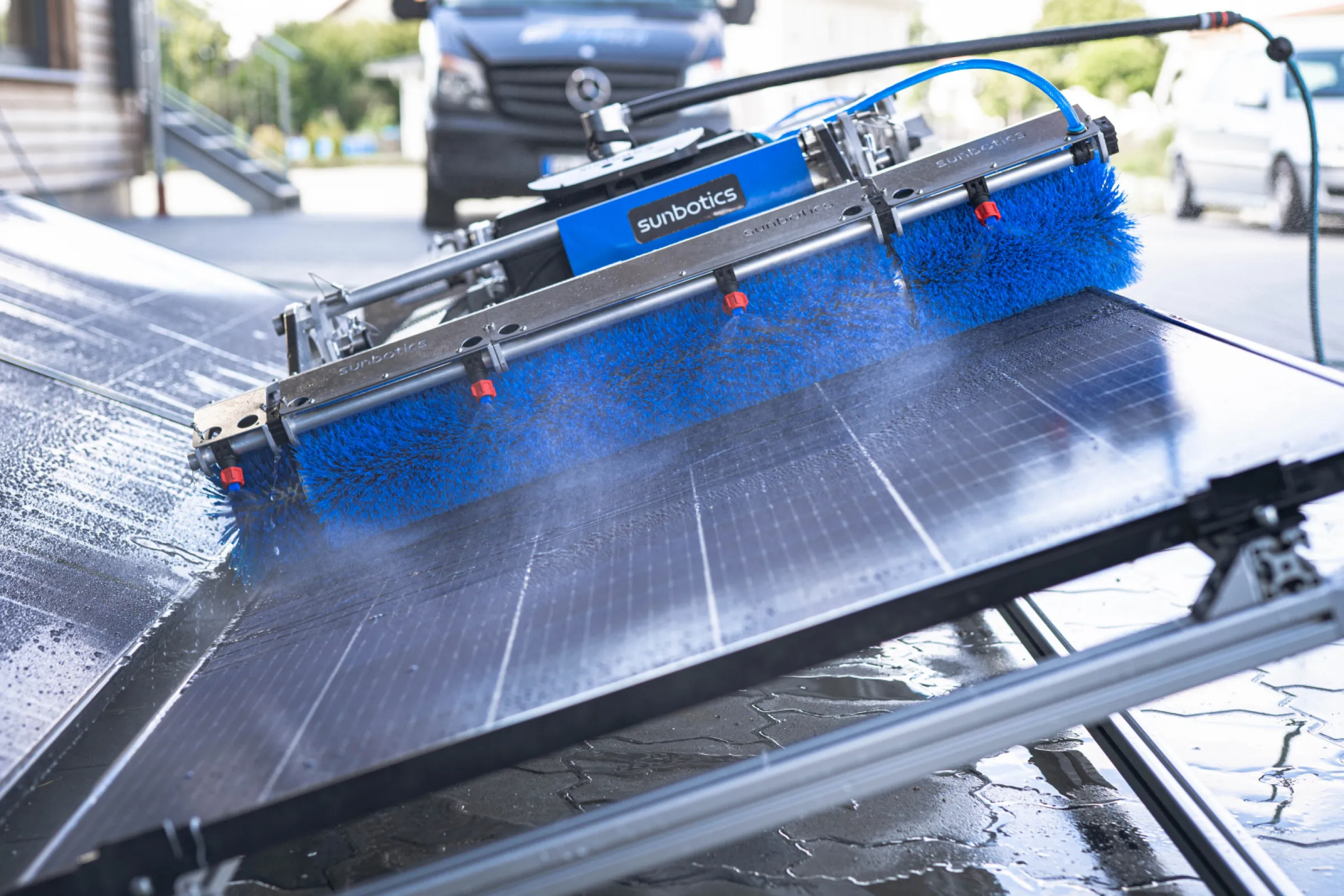 The sunbotics PV Cleaning Robot efficiently cleans east-west mounted PV installations, ensuring reliable performance even on complex system layouts.
