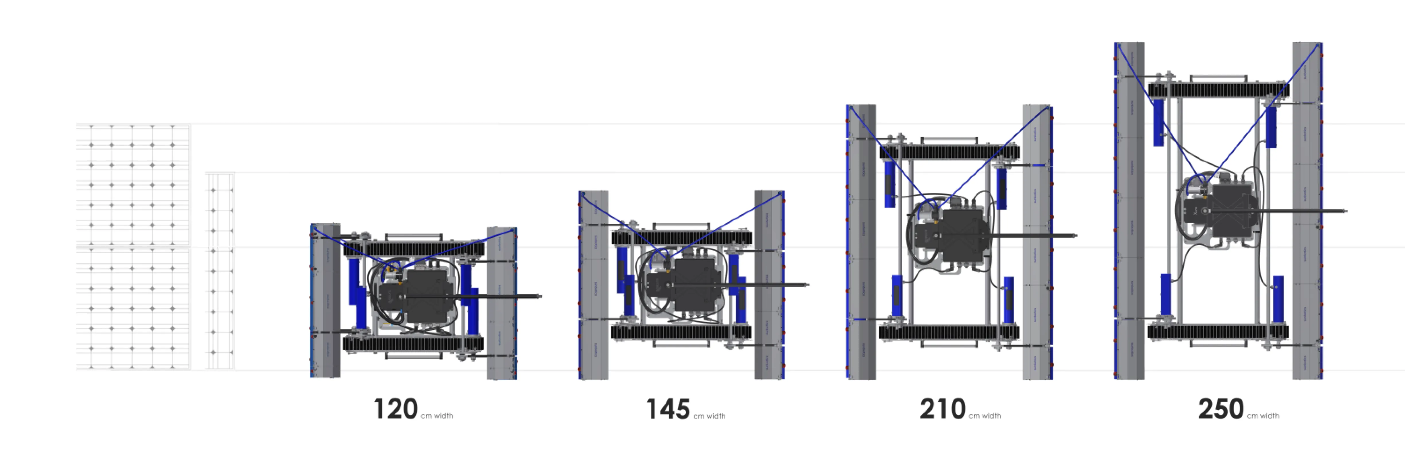 The Sunbotics PV Cleaning Robot is available in four adaptable sizes – 1.20 m, 1.45 m (standard), 2.10 m, and 2.50 m – offering maximum flexibility for any PV installation.