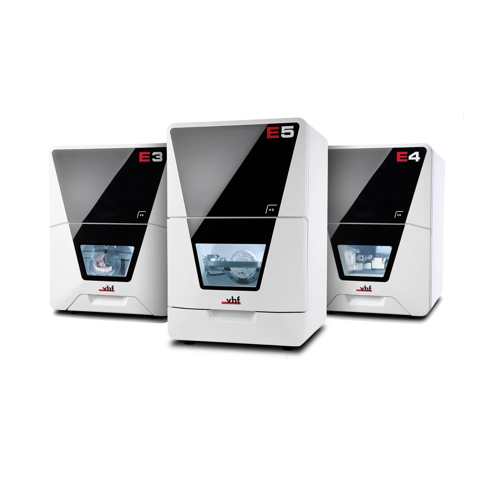 vhf's EASE CLASS consists of the E3 for cutting out aligners, the E4 for milling blocks, and the E5 for milling discs.