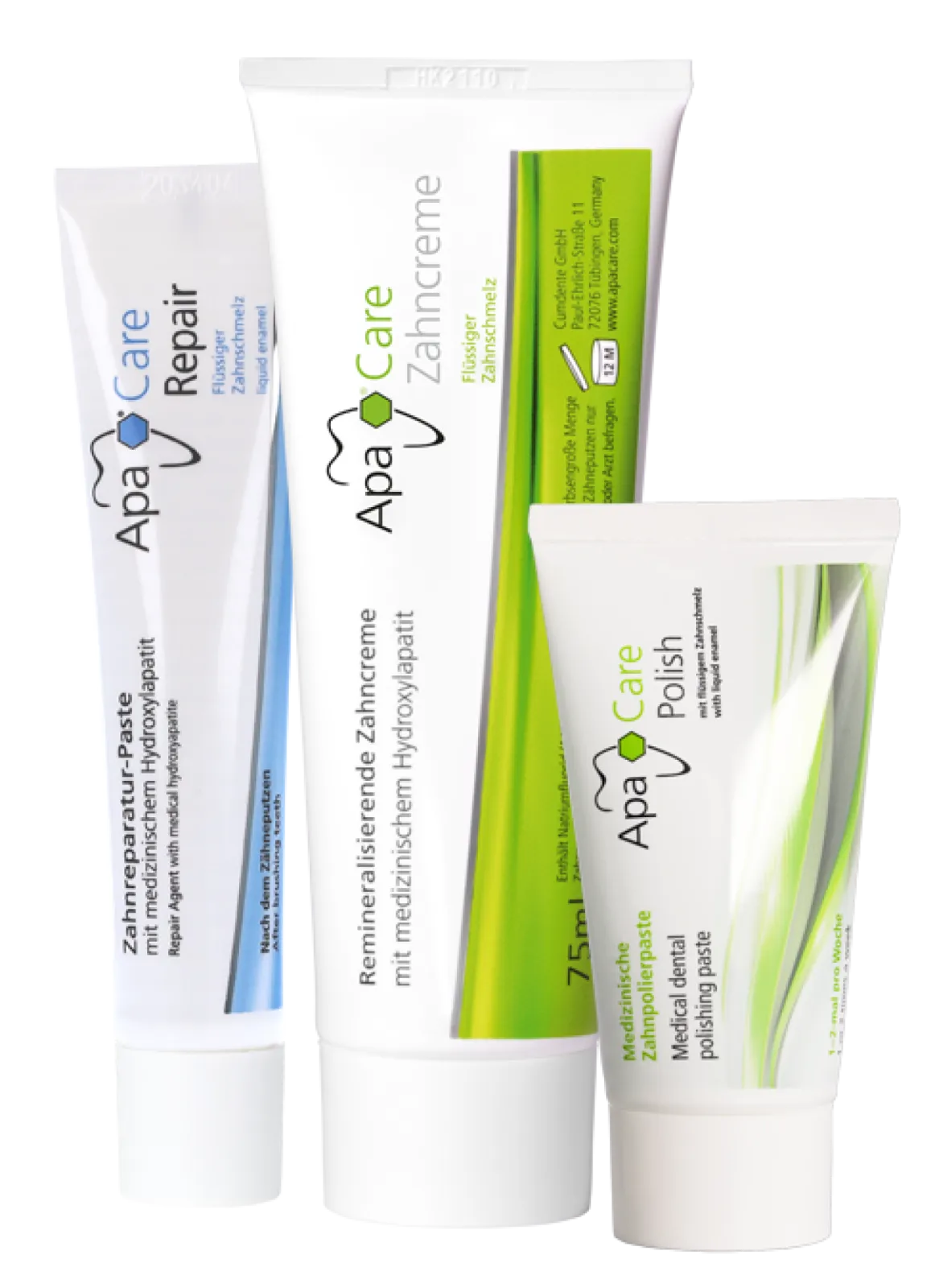 ApaCare remineralising toothpaste, ApaCare Repair and ApaCare Polish with liquid enamel.