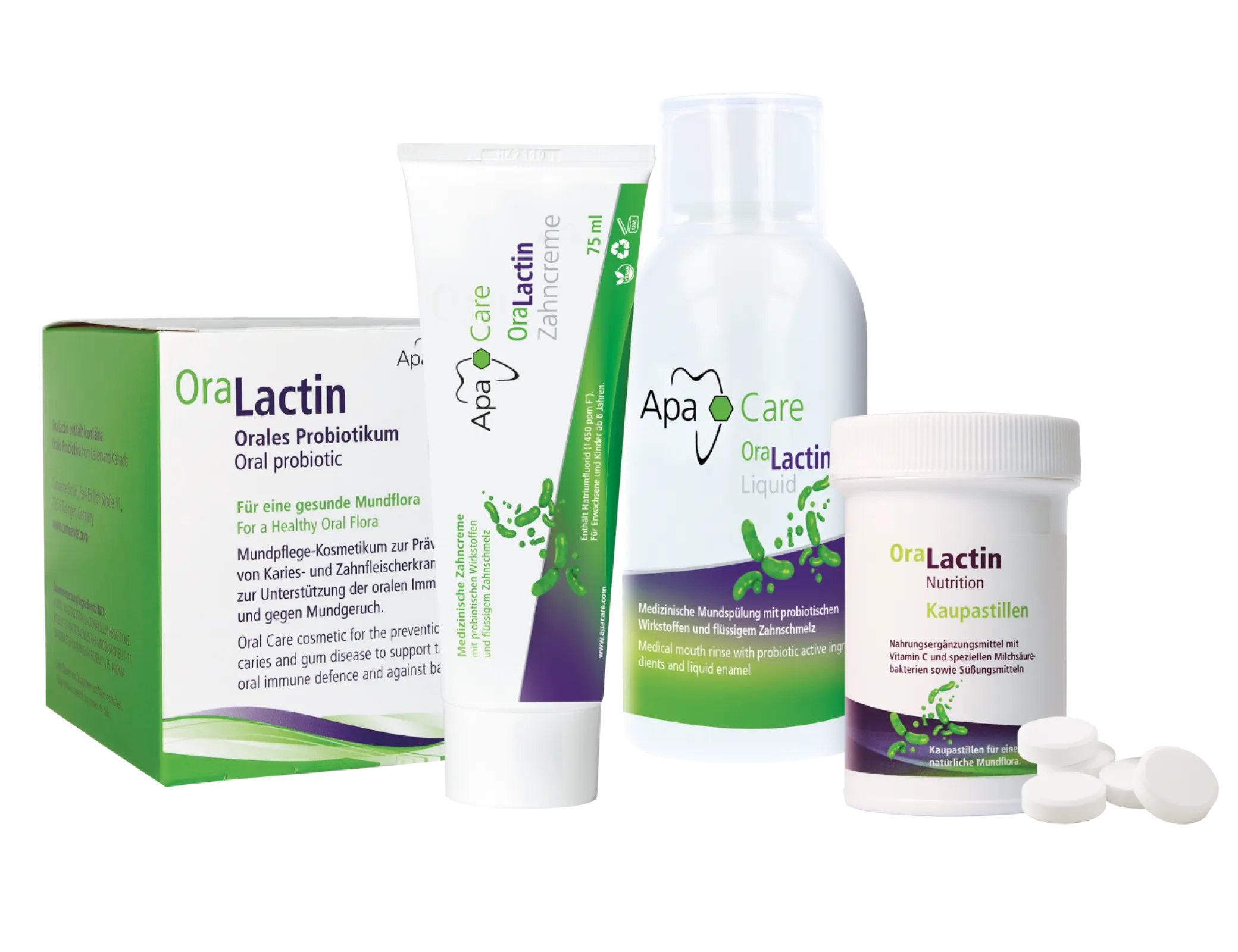 ApaCare OraLactin toothpaste, mouth rinse with probiotic active ingredientes and OraLactin chewable pastilles and sachets  the regeneration and stabilisation of healthy oral flora.