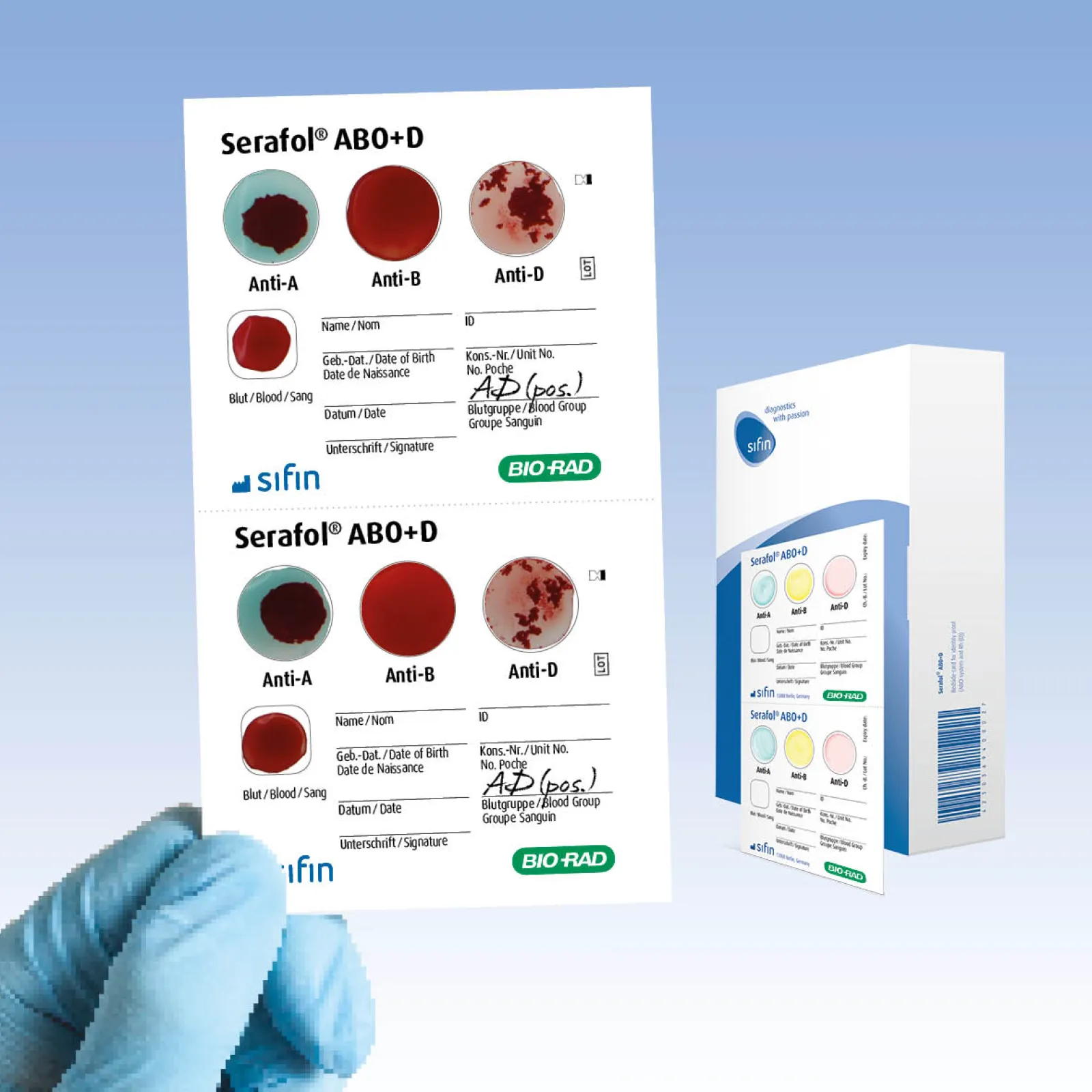 Bedside card Serafol® AB0+D for an identity check immediately prior to a blood transfusion
