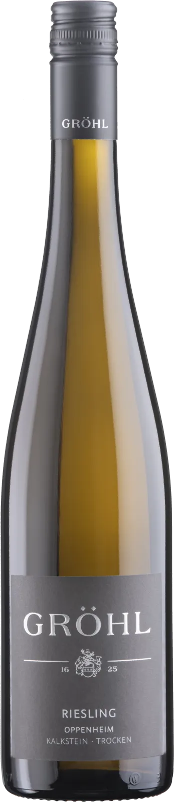 Oppenheimer Riesling Limestone Dry - An exciting minerality and yellow fruit aromas delight the nose. On the palate, notes of apple, peach, and citrus fruits emerge. The finish reveals a harmonious, rounded Riesling that invites you to have more with its juiciness! Grown on limestone with loess-clay. Spontaneously fermented in stainless steel. Find more information here: https://weingut-groehl.de/weine/ortsweine/oppenheimer-riesling-trocken