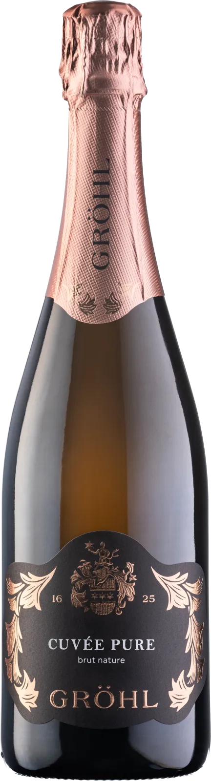 Cuvée Sekt "Pure" traditional method – brut nature - Our elegant sparkling wine cuvée, made from Pinot Noir grapes, offers an intriguing complexity. The flavor of our "Pure" cuvée is characterized by delicate fruit notes, especially red and dark forest berries. This sparkling wine is perfectly rounded off by its fine mousse. After 30 months of aging on the lees, the bottles are hand-riddled and disgorged. Find more information here: https://weingut-groehl.de/weine/sekte-und-seccos/cuvee-pure