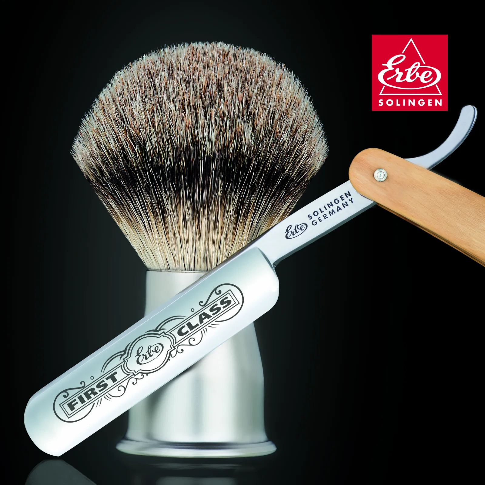 ERBE shaving brush silvertip | metal mat & ERBE straight razor