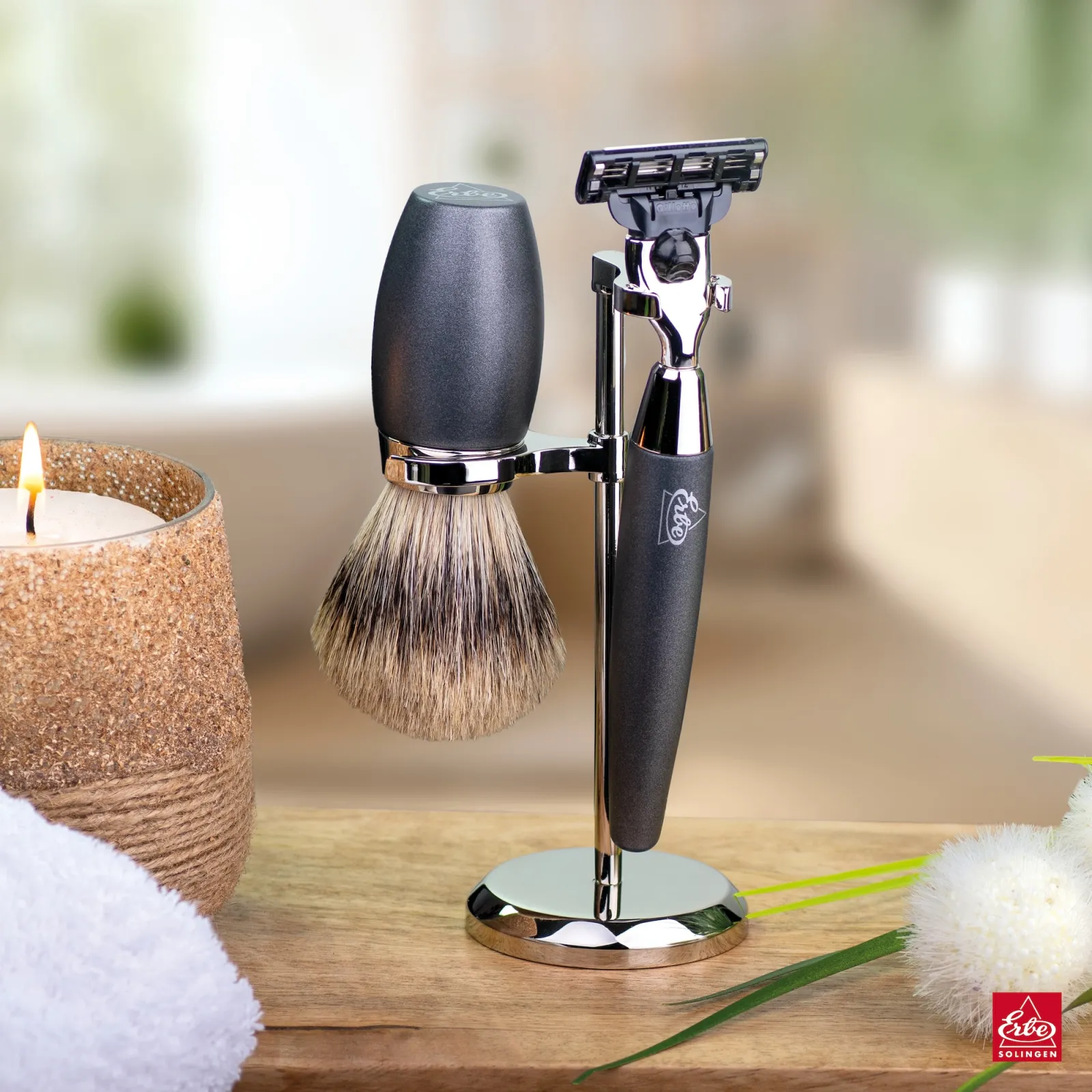 ERBE shaving set STONE | 3 pcs | high-grade resin black marbled | razor Gillette Mach3 | shaving brush best badger