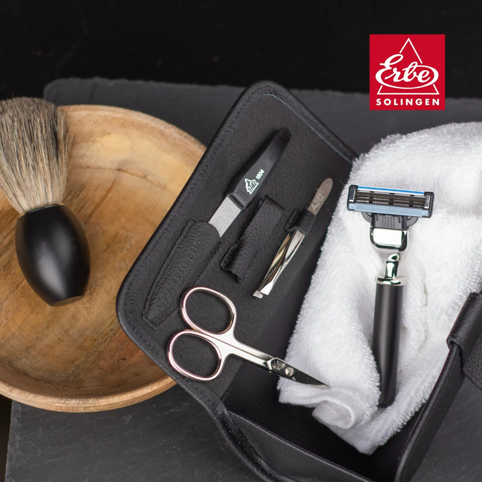 ERBE shaving set TRAVEL | black | 6 pcs | leather | razor Gillette Mach3 | shaving brush best badger