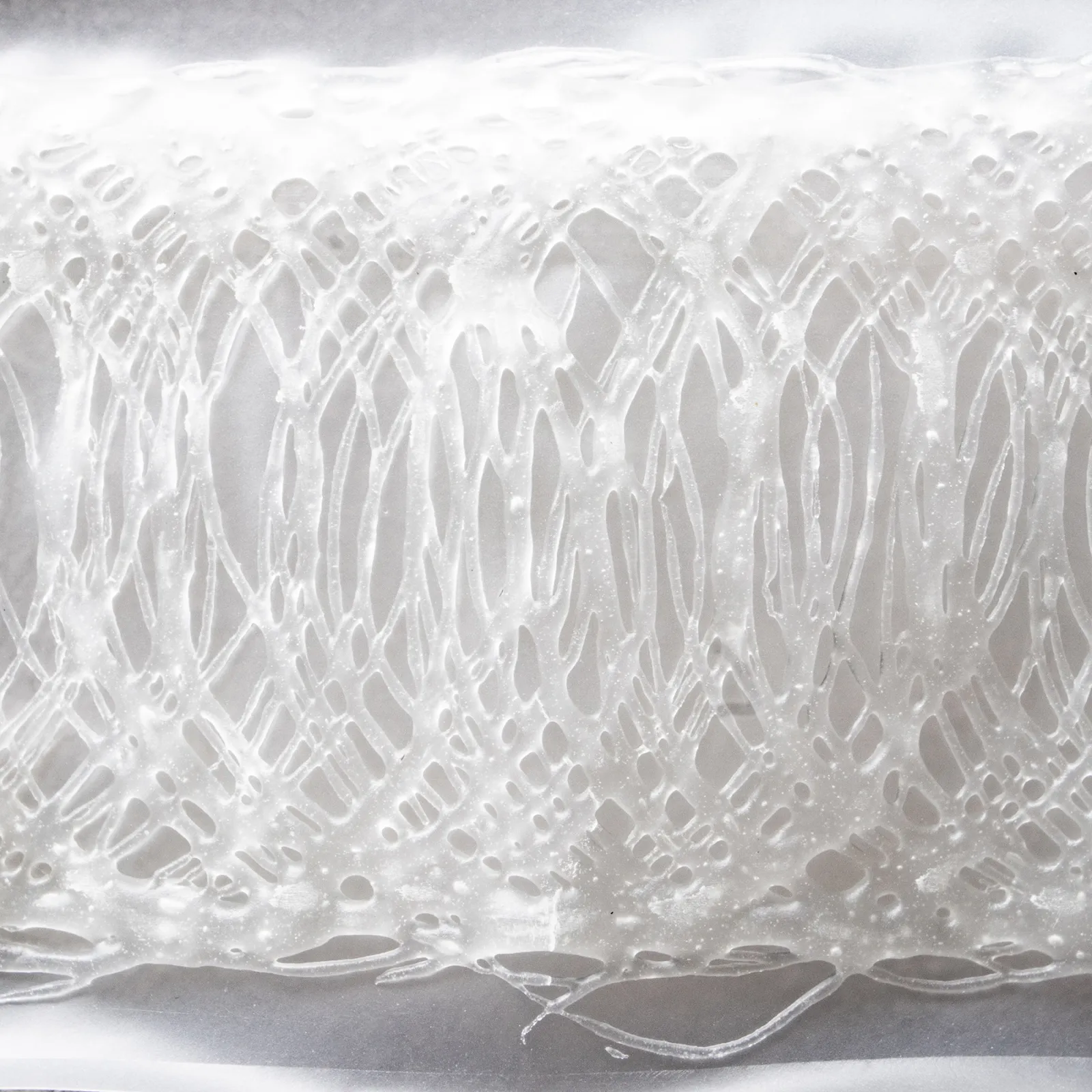 Close-up of DEBAMED® Speci-Sorb absorbent coating showing a translucent, net-like gel structure with fine pores and irregular openings, illustrating its liquid-absorbing texture.