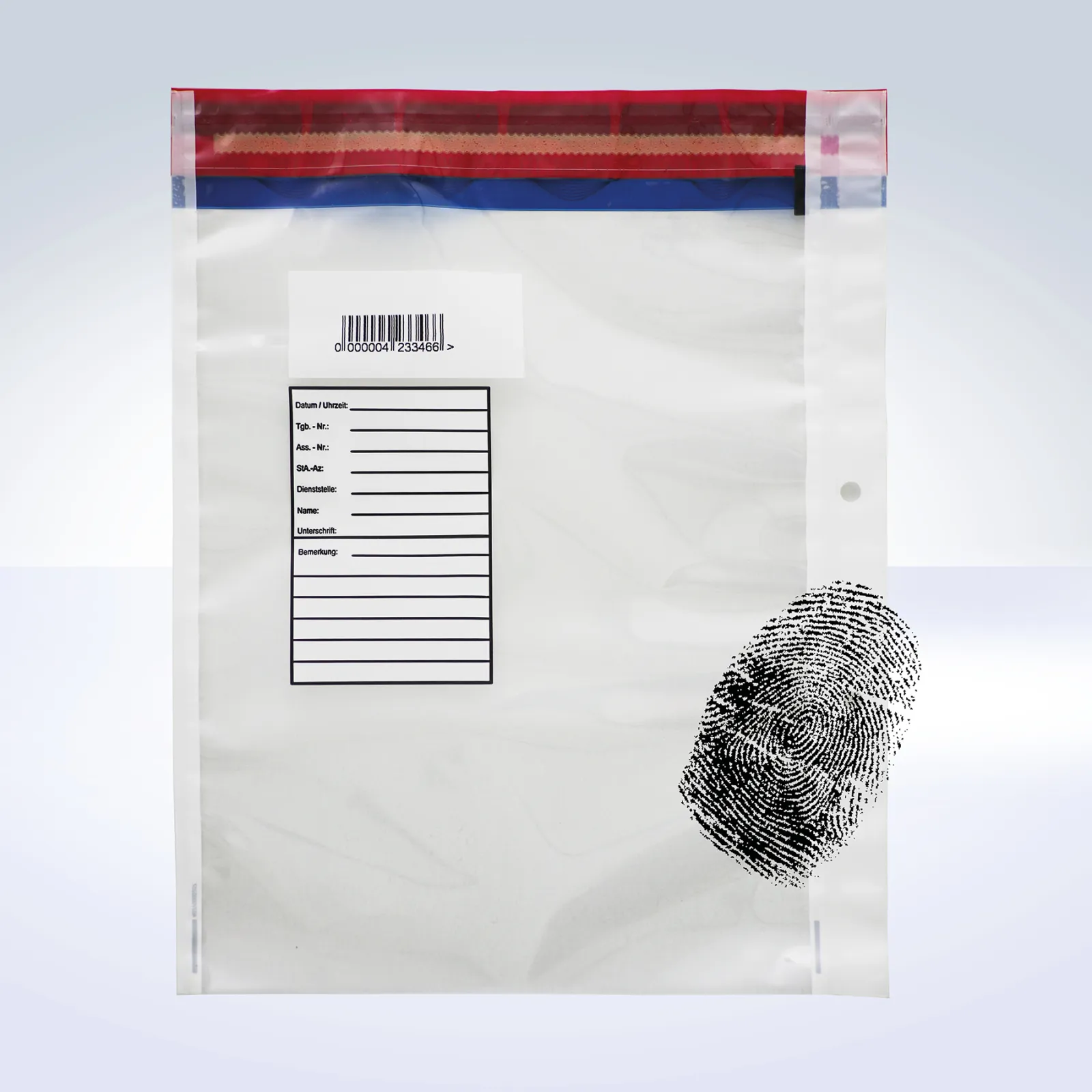 DEBASAFE® forensic fingerprint bag made of transparent material with a red and blue tamper-evident seal, a labeling field for documentation, barcode, and a large black fingerprint graphic on the lower right corner.