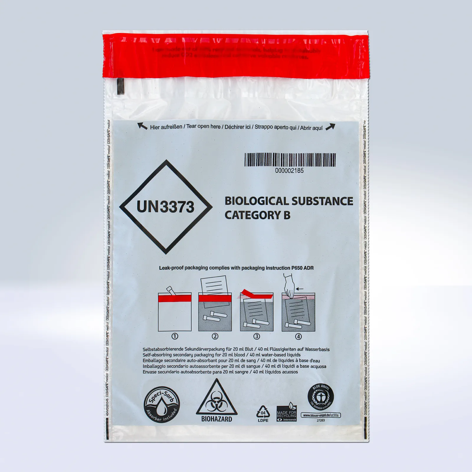 DEBASAFE® medical transport bag with integrated DEBAMED® Speci-Sorb absorbent layer, featuring UN3373 hazard labeling, barcode, and red tamper-evident closure on a light background.