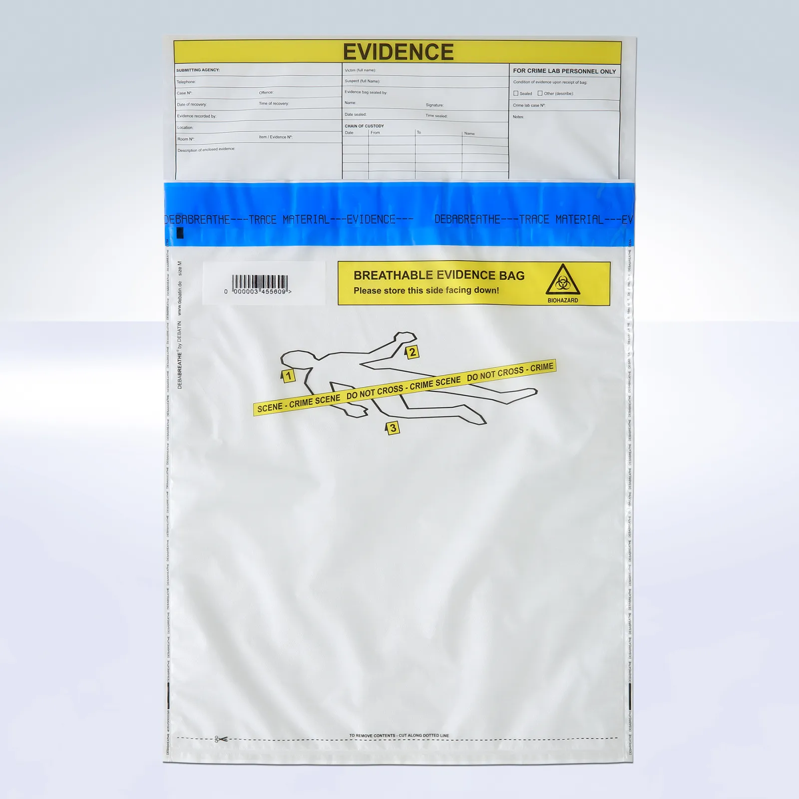 DEBABREATHE® International breathable evidence bag with yellow and blue labeling, a printed “EVIDENCE” form, and a crime scene outline graphic on the front. The bag includes a biohazard warning and barcode for secure identification.