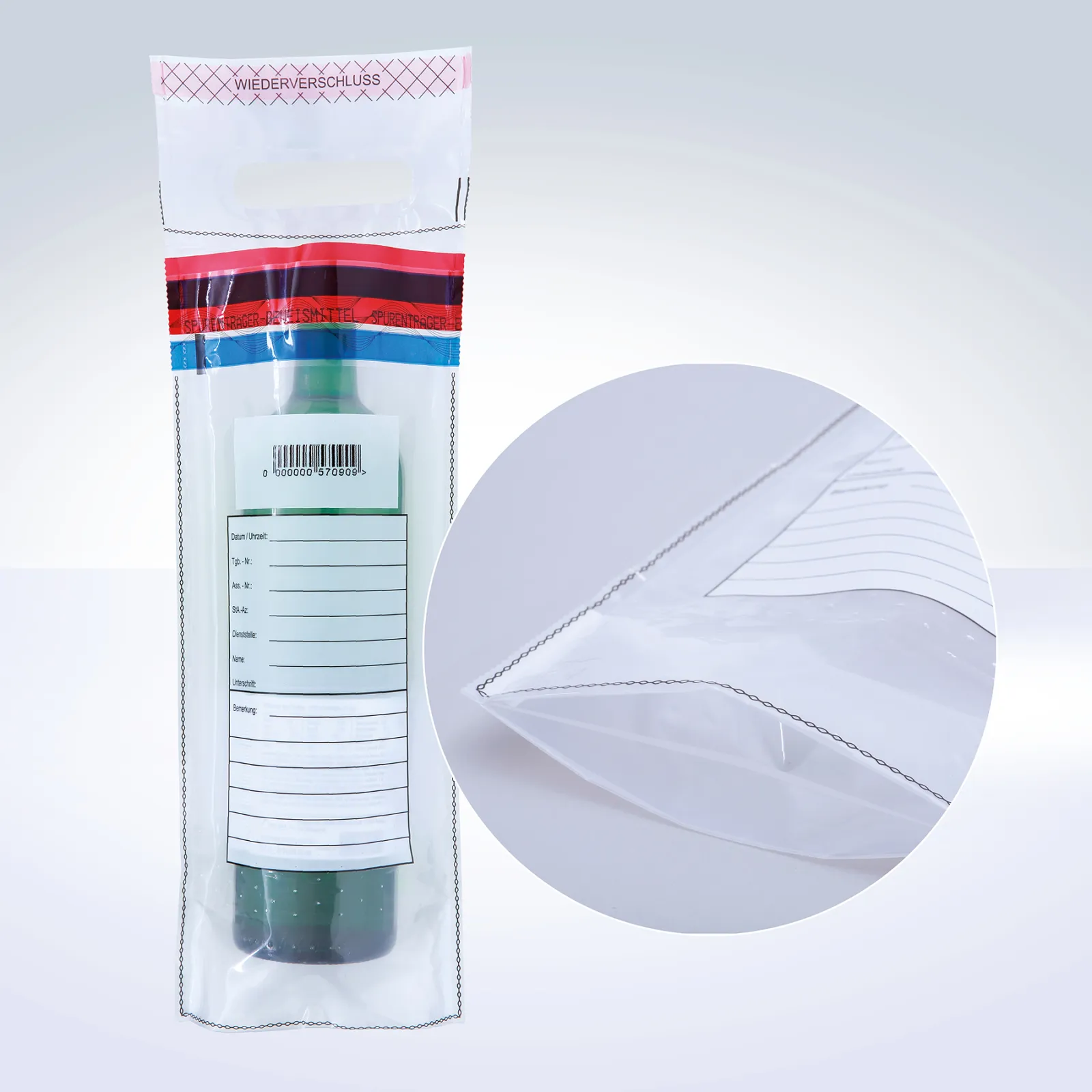 DEBASAFE® forensic bottle bag with a clear front and red-blue tamper-evident seal, containing a green bottle. A printed documentation form is visible on the front, and an inset shows a close-up of the reinforced gusseted bottom.