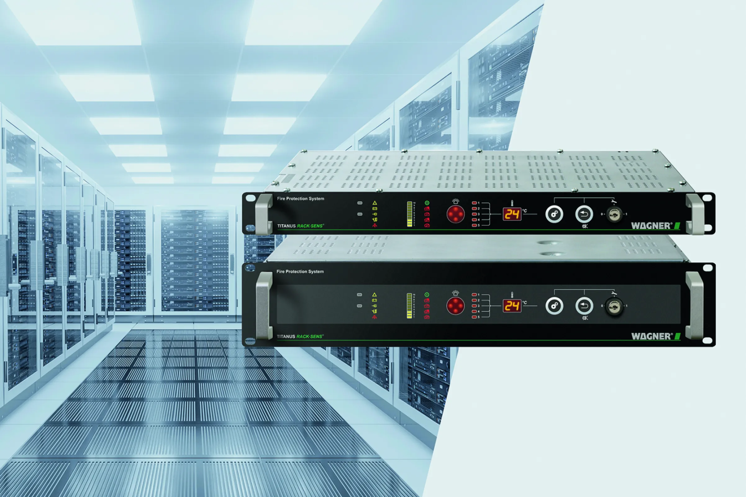 The TITANUS RACK·SENS®­ aspirating smoke detector by WAGNER has been specifically designed for use in 19-inch server and control cabinets. By analyzing continuously drawn air samples, it can detect even the smallest traces of smoke. This enables early detection and immediate action in the event of a fire, preventing major consequential damage. WAGNER’s patented LOGIC·SENS® fire pattern recognition reliably distinguishes between real smoke and harmless disturbances, minimizing false alarms and avoiding costly downtime – especially critical in safety-sensitive environments.