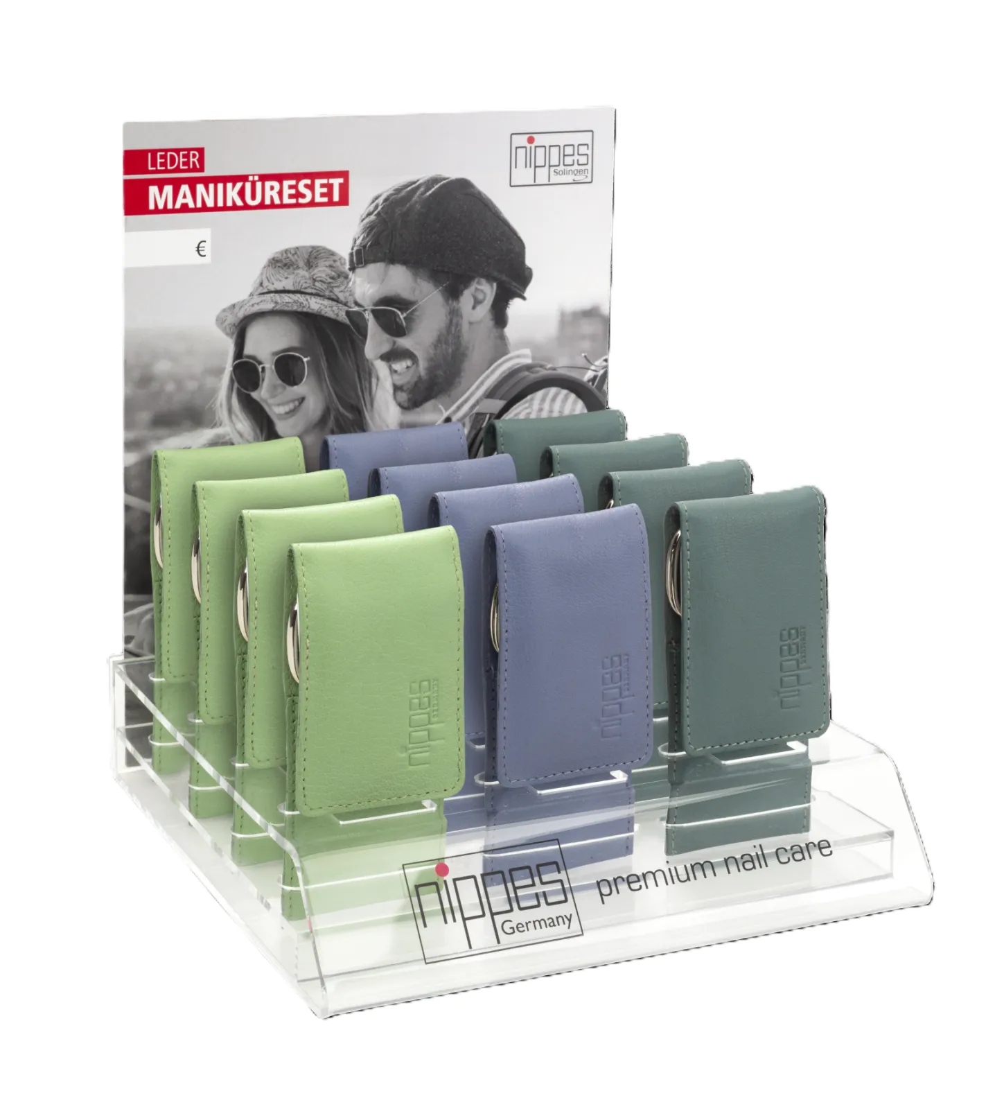 Display filled with 12 Manicure-Sets in 3 colours