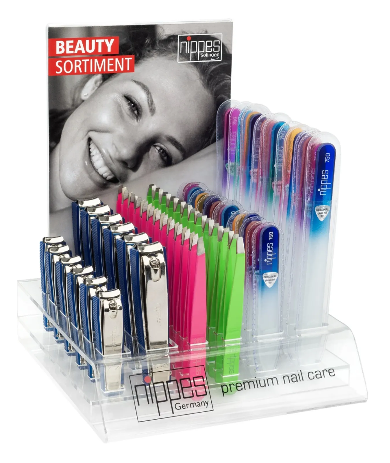 Beauty-Asssortment Display filled with nail-clippers, toenail-clippers, tweezers and glassnailfiles