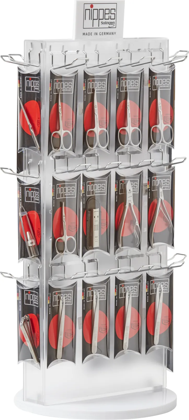 Rotating Display filled with 52 stainless manicure-/pedicure-articles