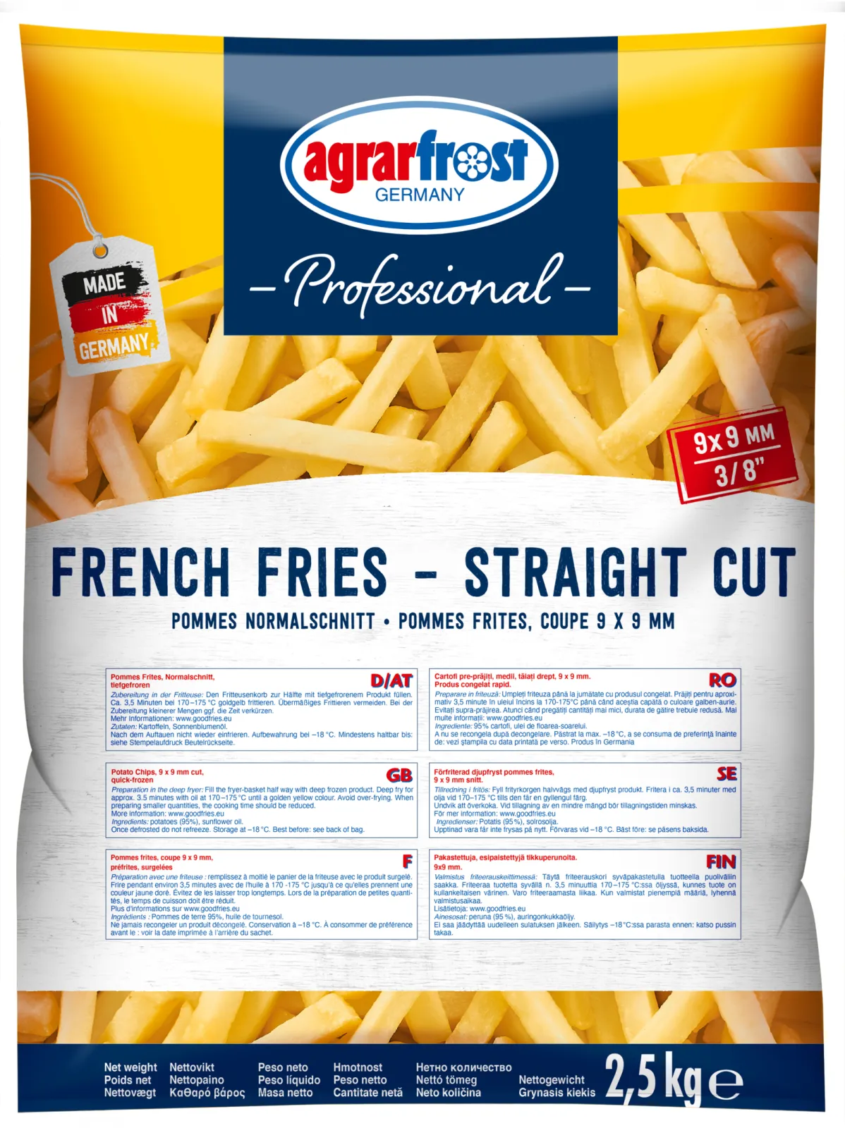 French Fries - classic straight cut 9 x 9, premium quality, made in Germany
