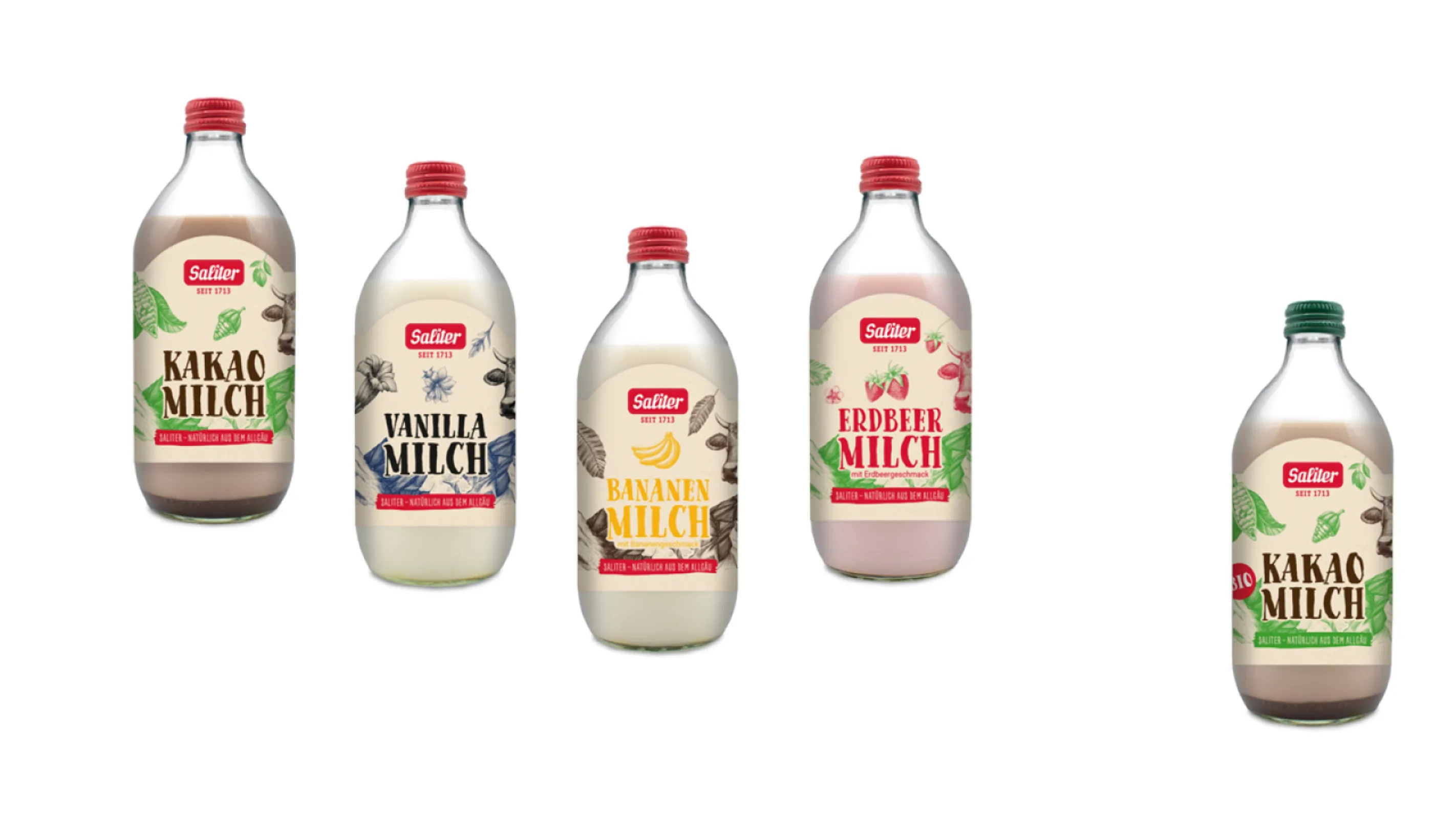 Flavored milk drinks conventional (cocoa | vanilla | banana | strawberry)  +  organic cocoa milk (very right).