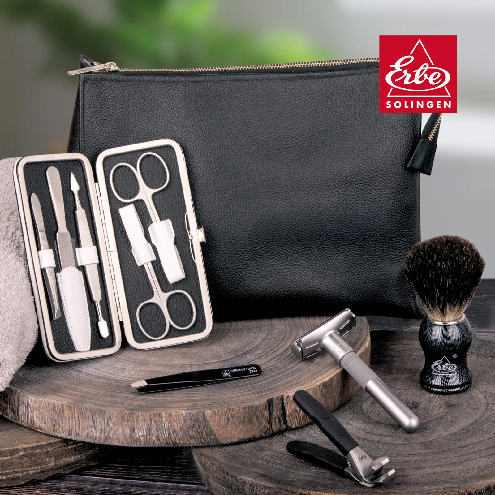 BLACK is beautiful - ERBE toiletbag, ERBE manicure case COLORADO, ERBE nail clipper SOFT GRIP, ERBE razor SENSUS, ERBE shaving brush pure badger CARBON and ERBE tweezer 92244