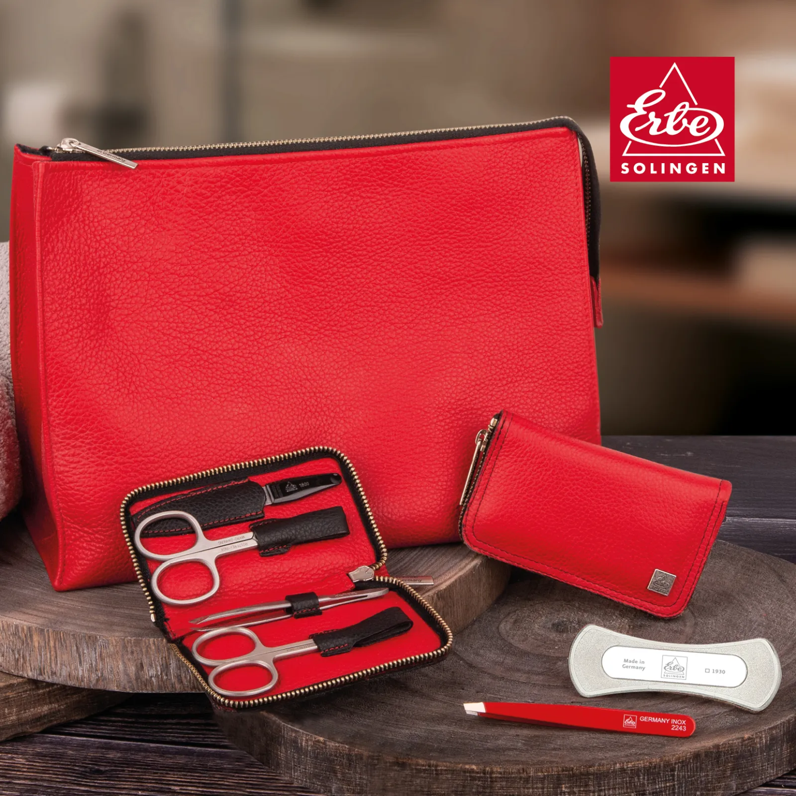RED is beautiful - ERBE toiletbag, manicure case COLORADO, tweezer 92243 & sapphire file 91930 (suitable for hand luggage)