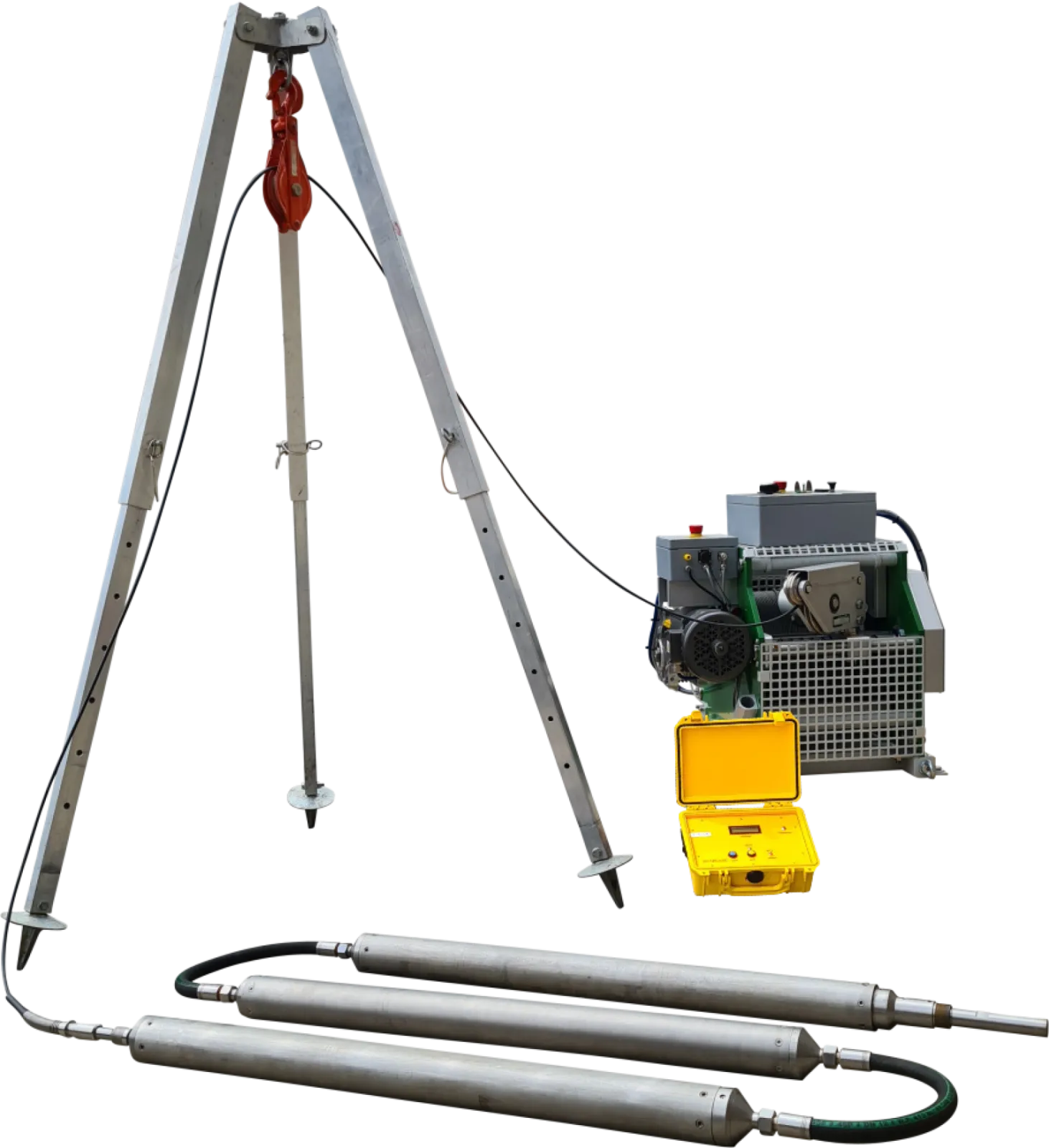 The borehole source SBS1000 is designed for P-wave tomography between boreholes up to 1000 m depth. The source works with a standard logging unit (4-conductor cable).