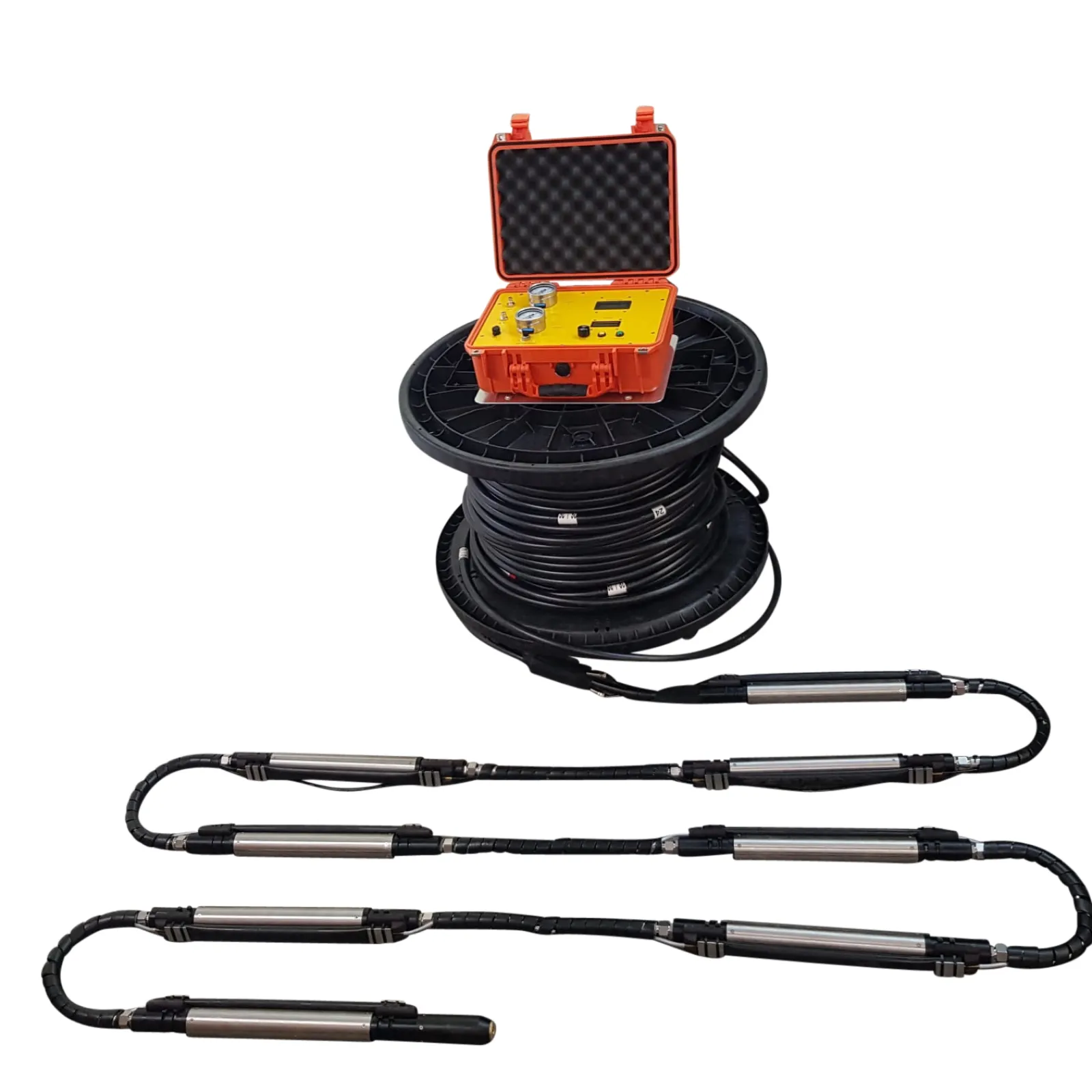 The Multistation Borehole Acquisition System (MBAS) can be used for S-wave borehole tomography or downhole surveying. It consists of up to eight (analog system) or ten (digital system) geophone stations each equipped with a tri-axial sensor. The string is fully water proof and can be used to receive P- and S-waves in dry or water filled boreholes.