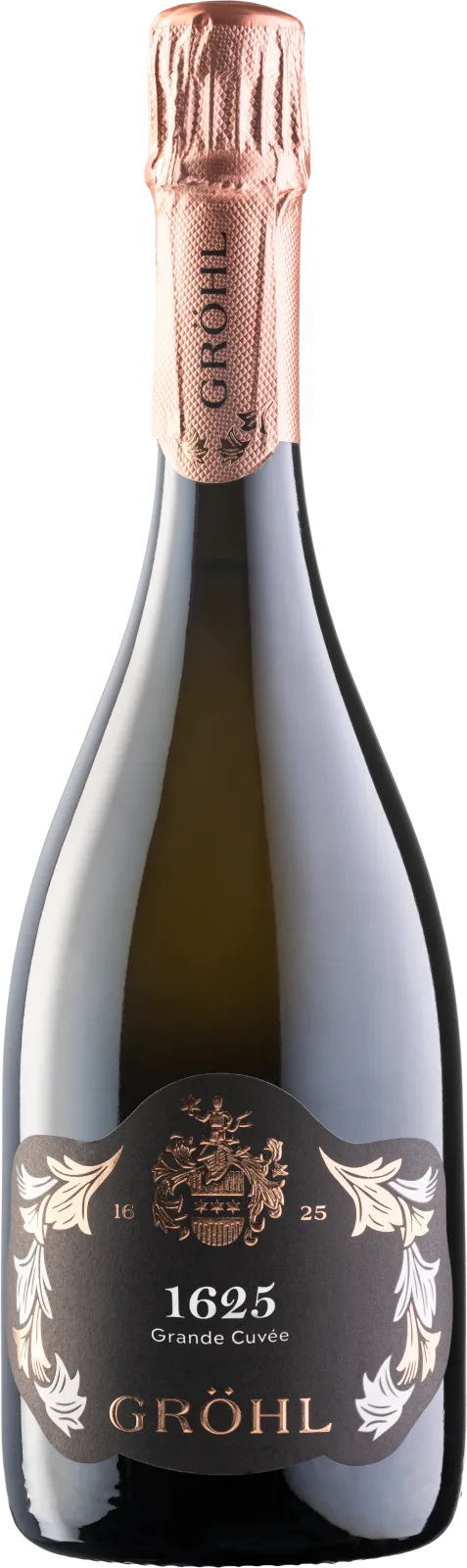 "1625" Grande Cuvée Sekt traditional method - brut nature - 400 years of sparkling perfection – our 1625 Grande Cuvée Anniversary Sekt unites elegance and history in every special sip. The traditional bottle fermentation gives our Grande Cuvée its smooth character and a particularly elegant, fine mousse. For this cuvée, the best barrels of the vintage were selected before the Sekt was allowed to mature on the lees for a full 44 months. Notes of brioche and toasted almonds paired with citrus freshness – a mature sparkling wine with depth and a multi-layered character. Grape varieties: Chardonnay, Pinot Noir, Pinot Meunier; Find more information here: https://weingut-groehl.de/weine/sekte-und-seccos/1625-grande-cuv%C3%A9e