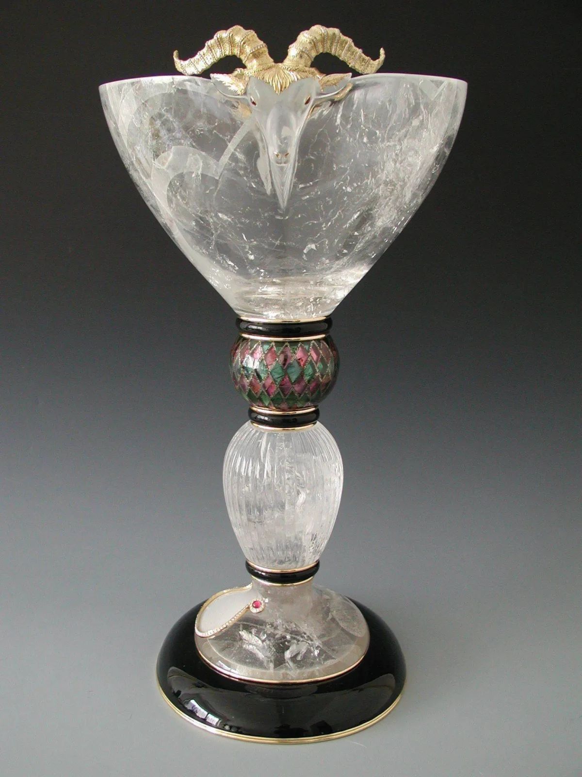 Rock Crystal Cup with Black Jade base, 18 Kt. Gold and Tourmaline decor