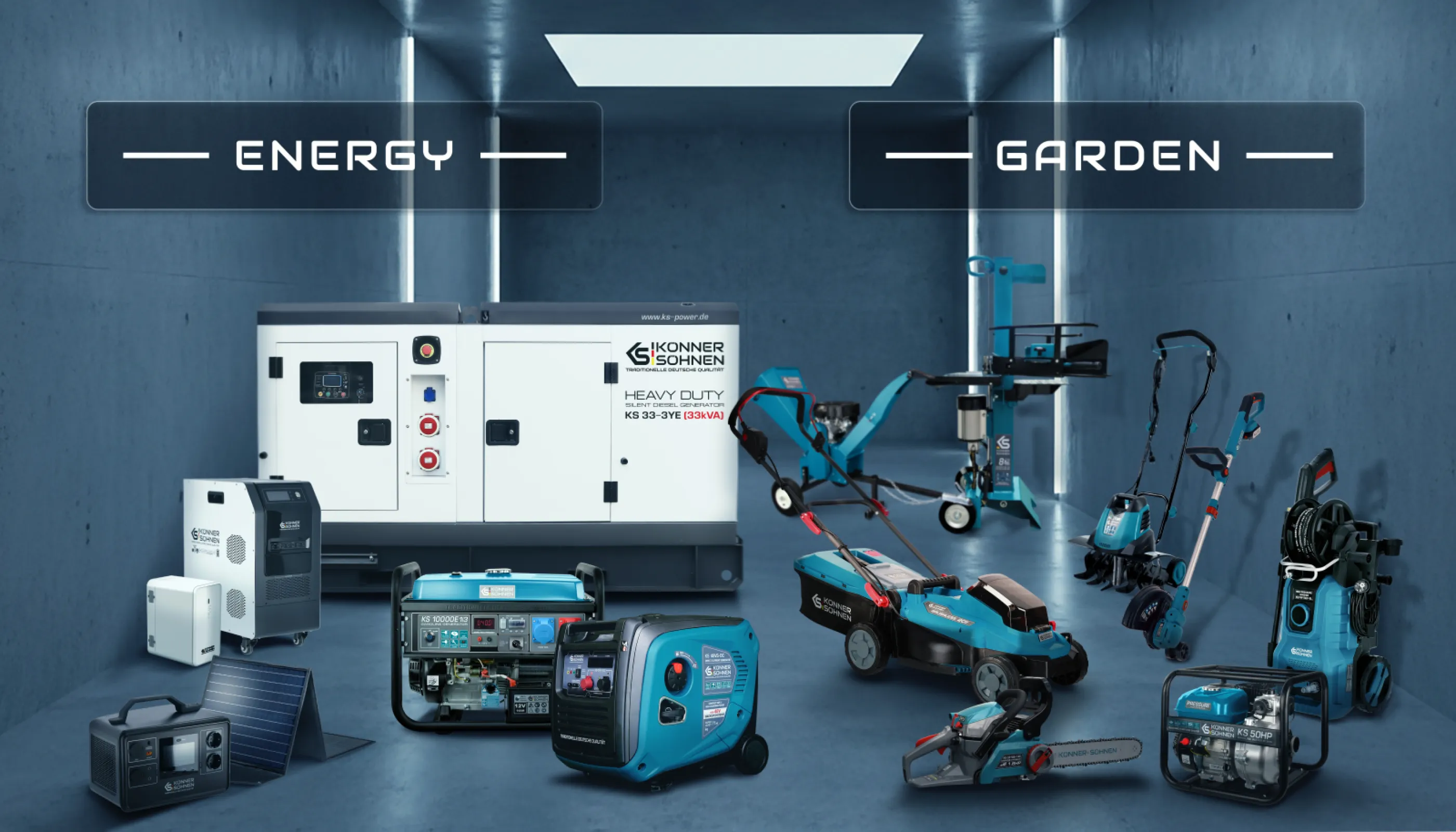 Wide assortment of gasoline, diesel and inverter generators; portable power stations and  garden machinery from Könner & Söhnen®