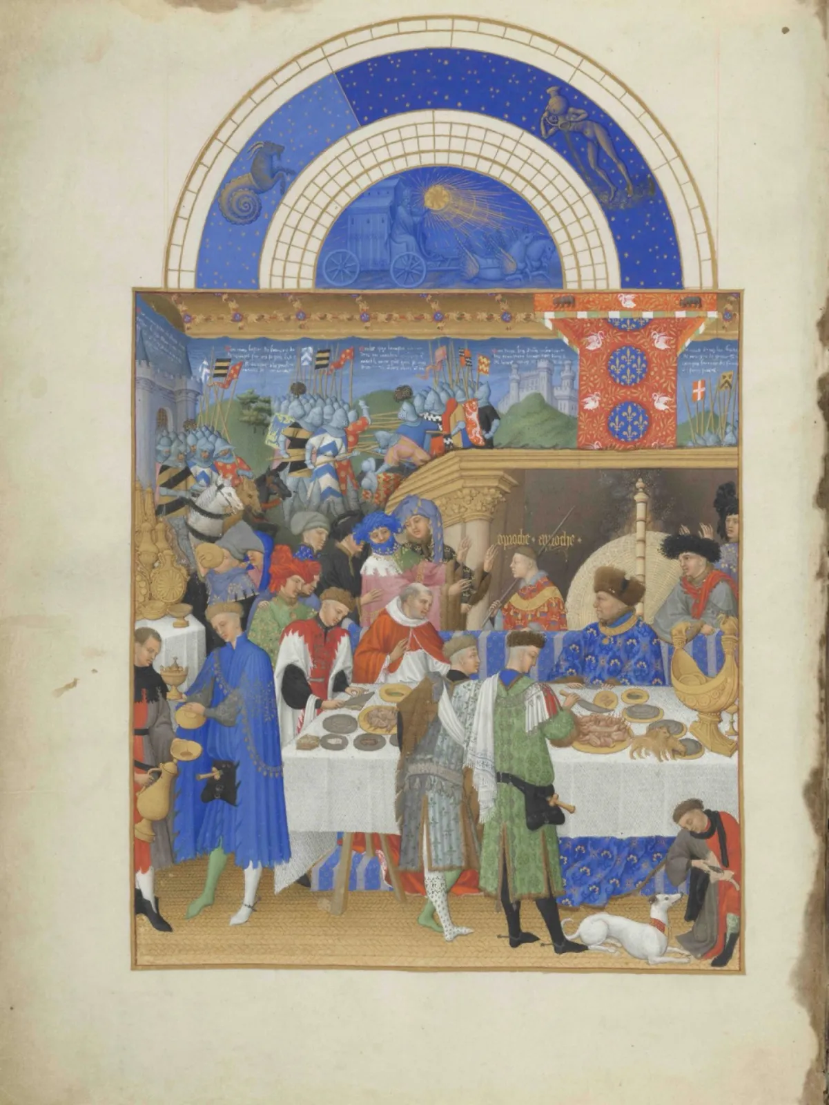 Fol. 1v: Calendar Image for January. This January miniature offers a vivid glimpse into the residence of Duke John of Berry, where courtiers gather to present New Year’s gifts. The Duke, richly dressed in blue and gold, sits by the fire as nobles, clerics, and servants bustle around him. Heraldic emblems, sumptuous tapestries, precious tableware, and the Duke’s beloved dogs underscore his wealth and status. Above, the unfinished celestial arc shows Sol guiding the sun and the zodiac, a consequence of the work ceasing in 1416.