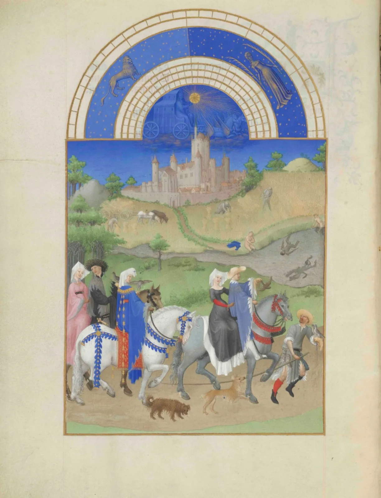 Fol. 8v: Calendar Image for August. This August calendar miniature shows an elegant party riding out for falconry, accompanied by a falconer and hunting dogs. Finely dressed riders—some sharing a saddle—carry falcons, while Étampes Castle rises behind them above fields where peasants harvest grain. Bathers cool themselves in a shimmering river, capturing the mood of a hot August day. Above, Sol guides the sun and the zodiac signs Leo and Virgo. The idyllic scene, painted by the Limbourg Brothers, contrasts with later, more realistic additions by Barthélemy d’Eyck.