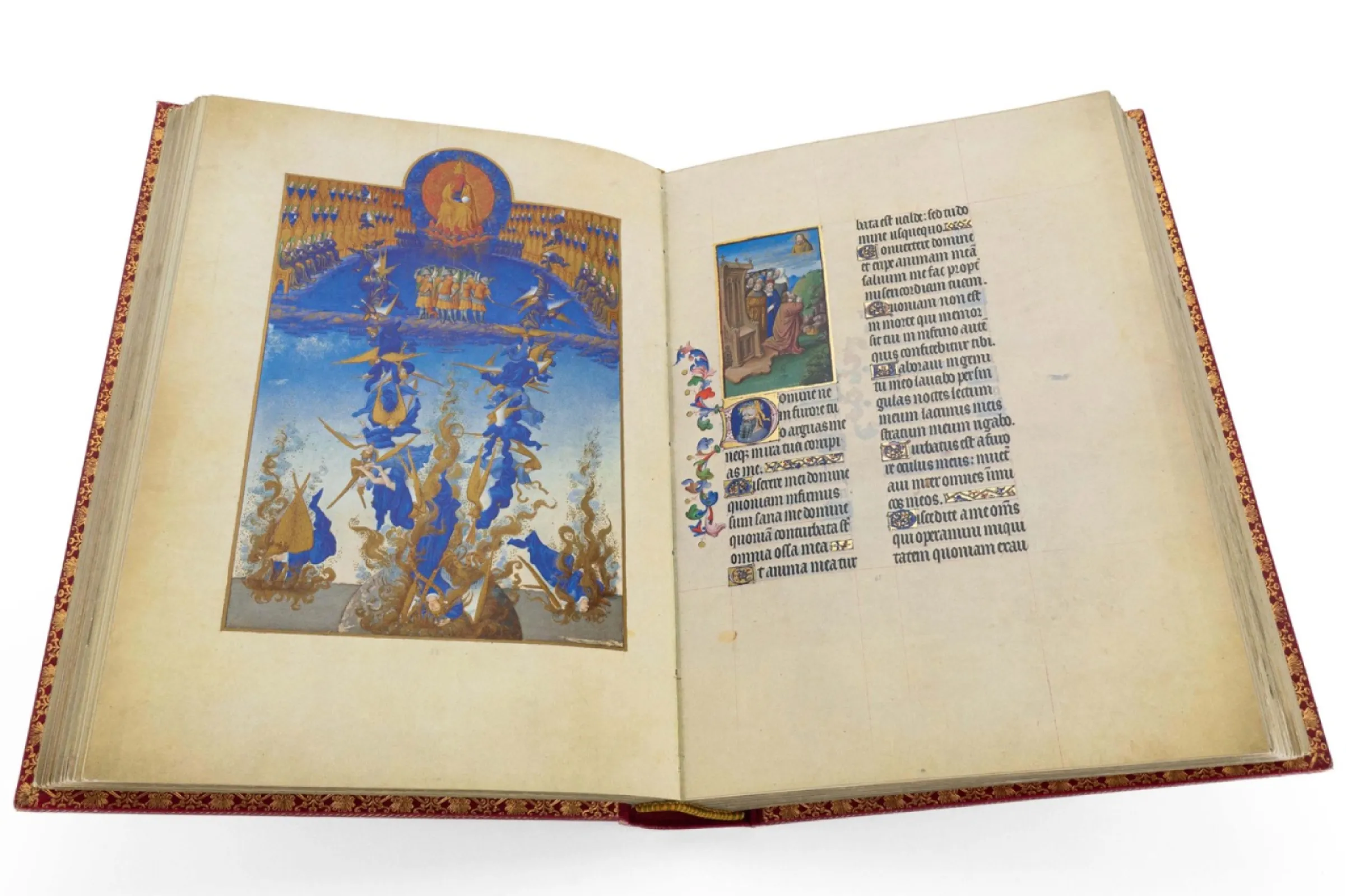 Fols. 64v-65r: The open book shows the Fall of the Rebel Angels. This dramatic miniature depicts the archangel Michael leading the heavenly host against Lucifer and the rebel angels, who plunge downward as they are cast from heaven. Typical of late medieval illumination, the scene contrasts the serene celestial realm above with the chaotic descent below, emphasising divine order triumphing over rebellion.