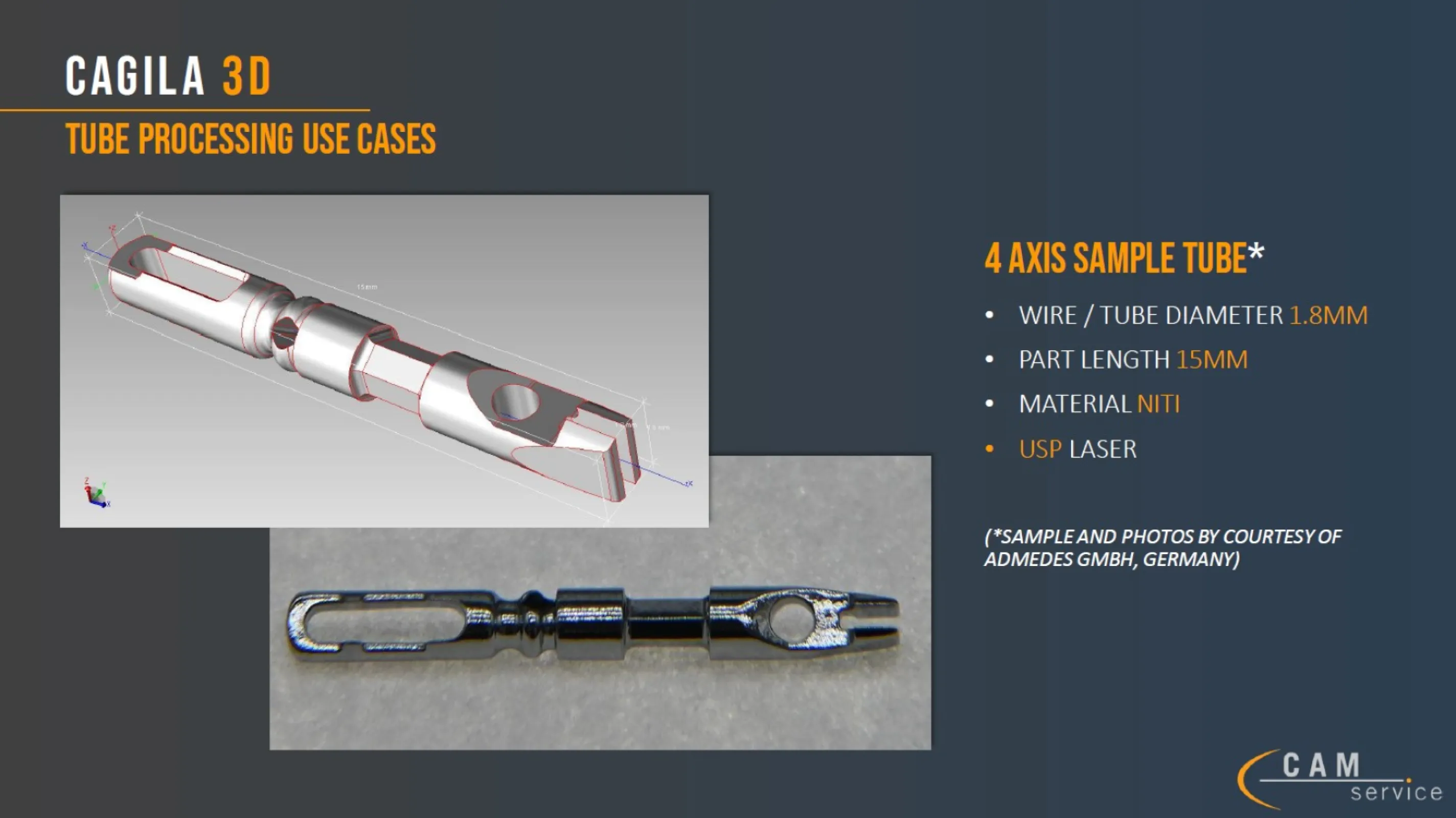 CAGILA 3D - sample with complex cutting, ablation and drilling features on 4 axis tube cutter