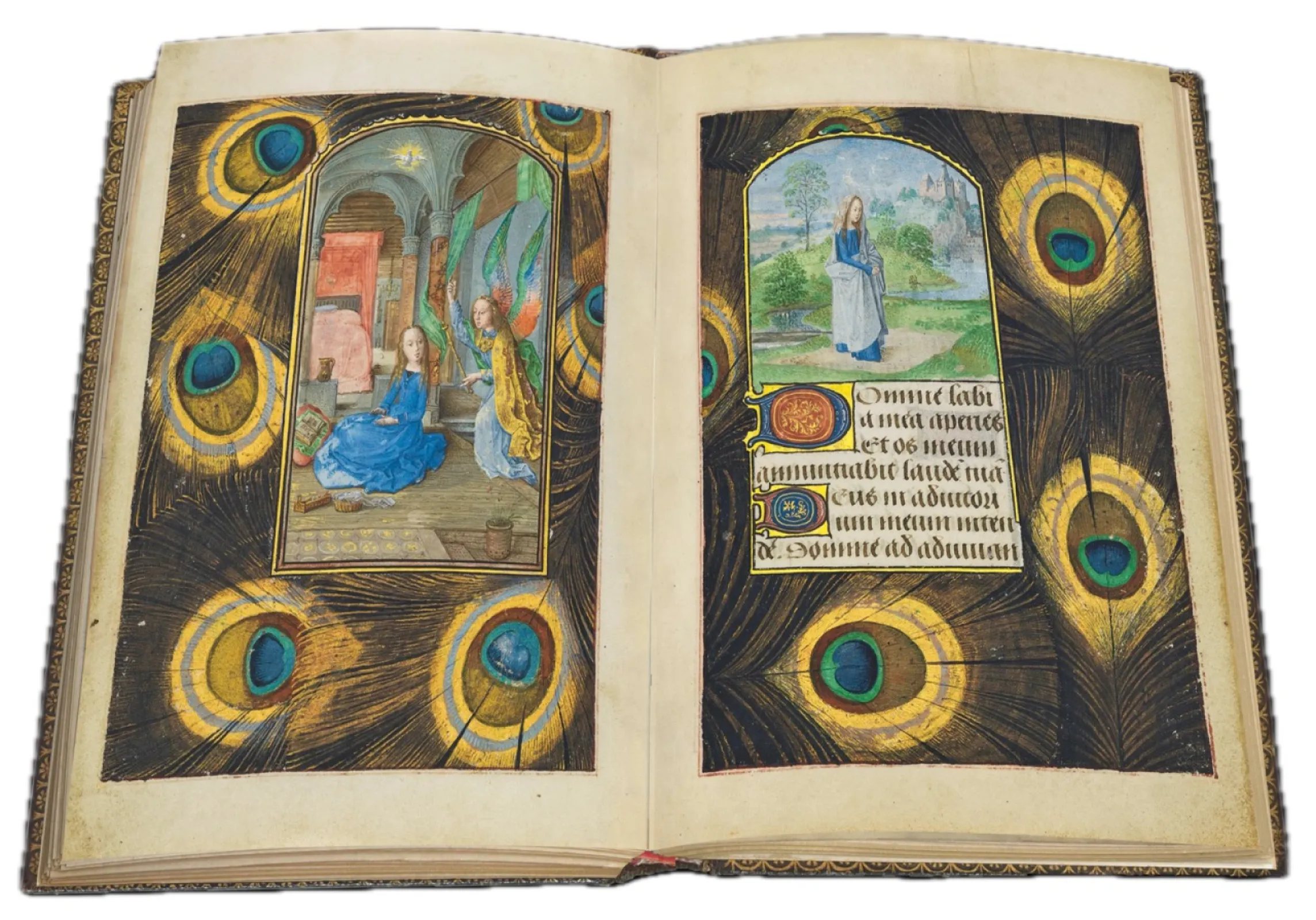 The open volume shows folios  97v and 98r. The elegance and refinement of the decoration, dominated by delicate tendrils and enlivened by hundreds of birds, on many pages gave way in the course of the modification to the radiant beauty of luminous backgrounds strewn with flowers and tendrils.