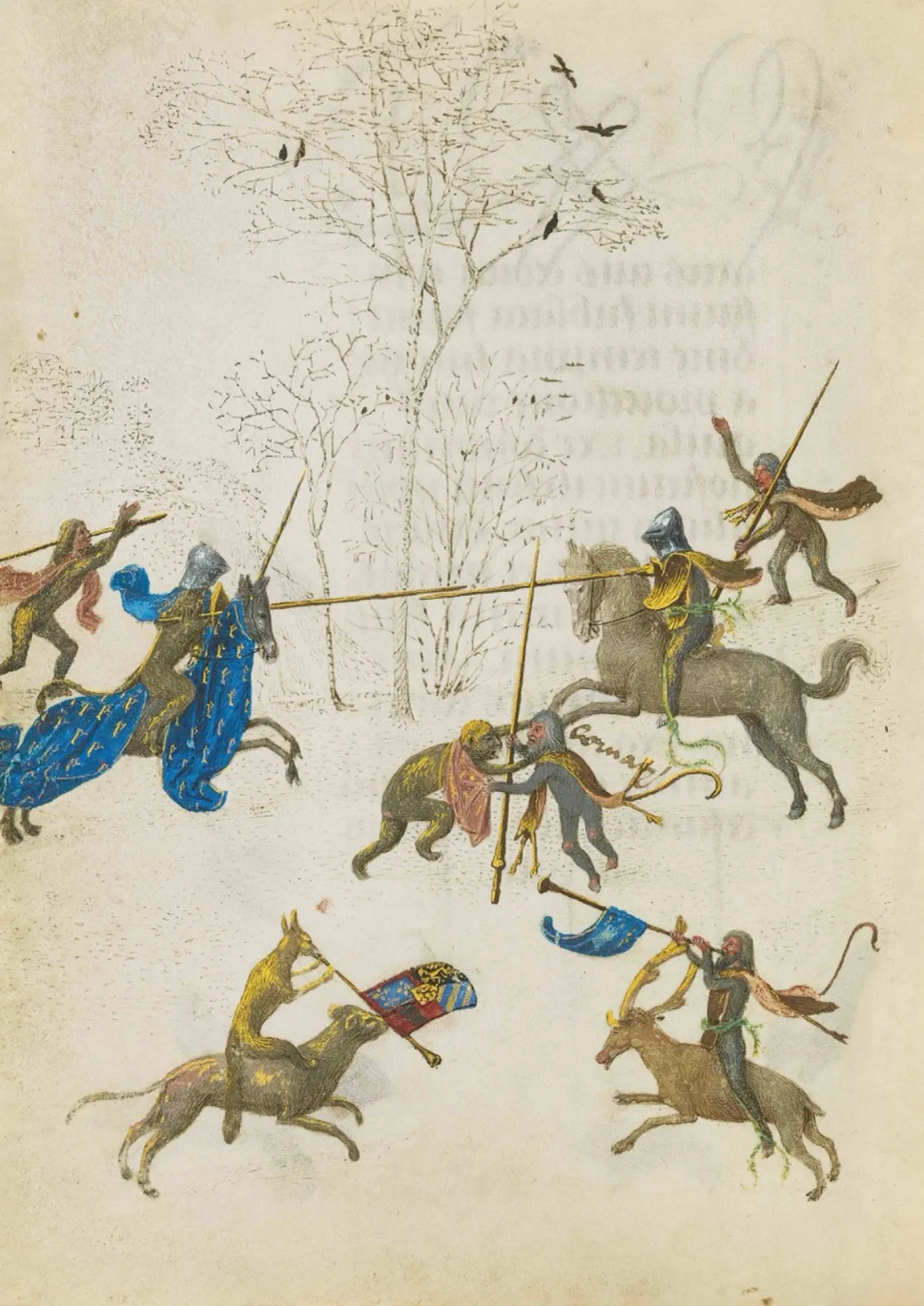 Fol. 132v: Here we are witnessing a fantastic tournament: the monkey riding the unicorn with the “e” of Engelbert of Nassau on its saddlecloth is jousting with another contestant on horseback. A fox on a ram and a wild man riding a stag are blowing trumpets adorned with flags – that on the left bears the subsequently added coat of arms of Duke Philip the Handsome. Four squires – wild men and monkeys – are excitedly attending the joust on foot and have further lances at the ready in case the first two should splinter.