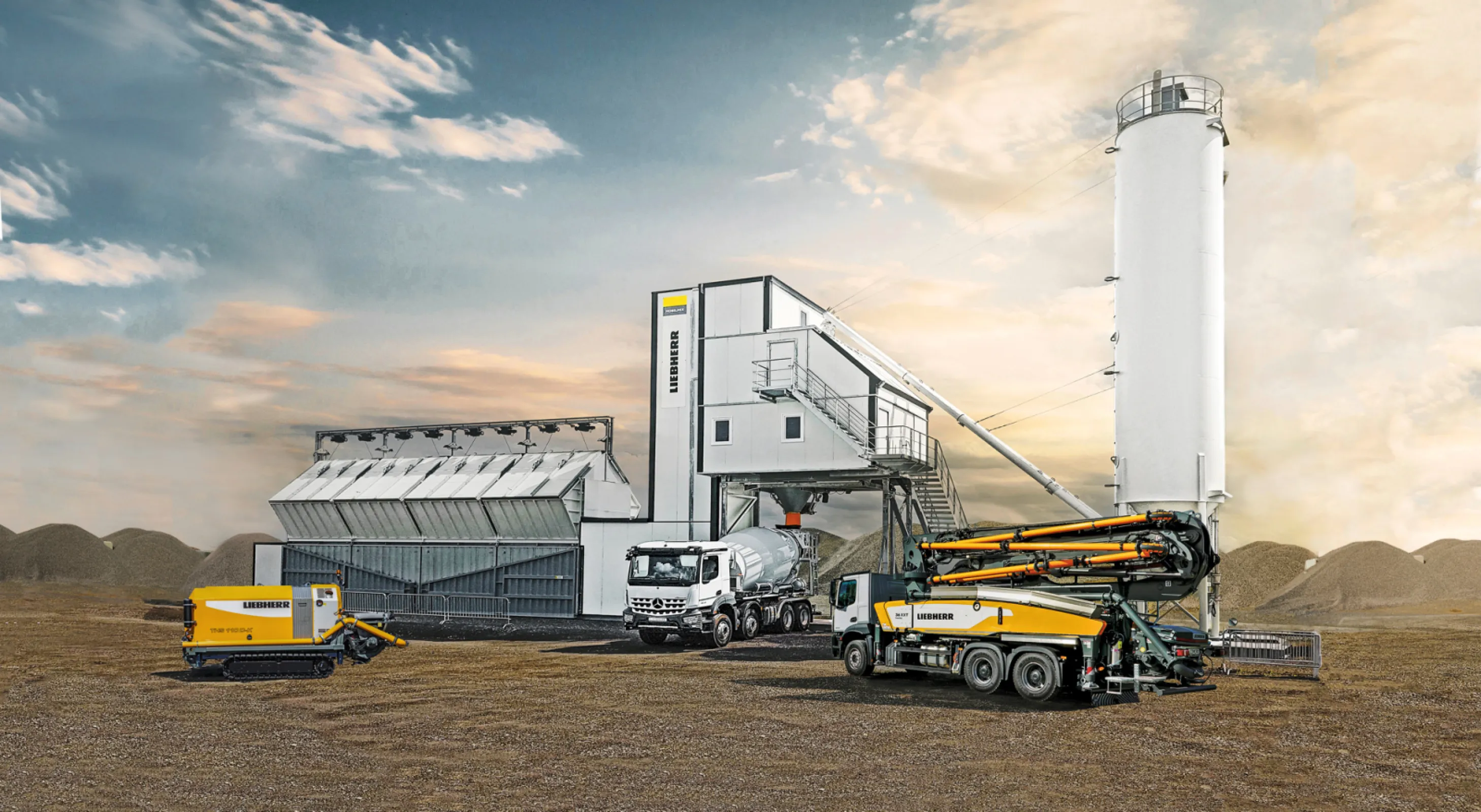 Product range with mixing plant, truck mixers, truck  mounted concrete pump and crawler pump