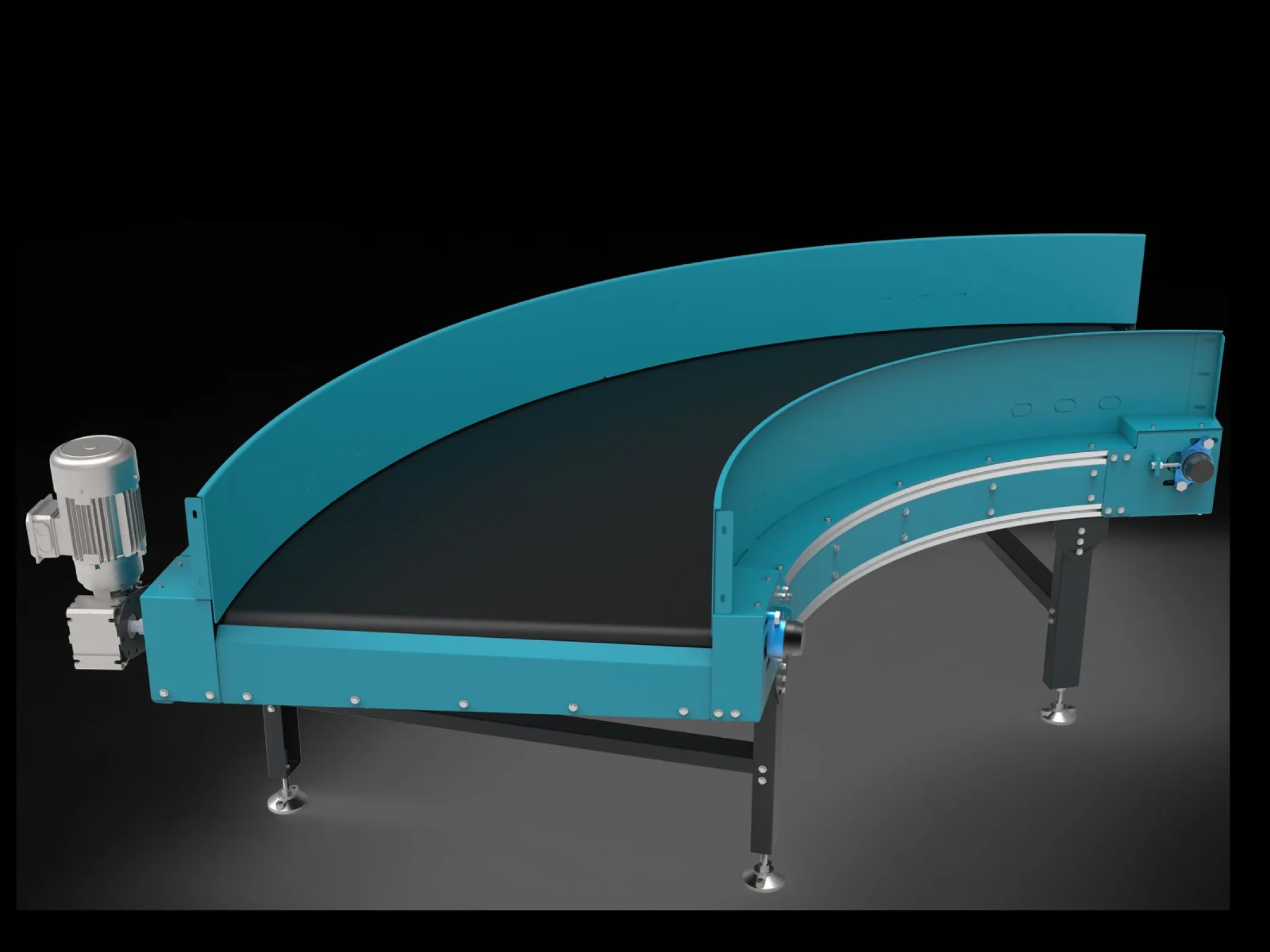 Belt Curve as independent component supply, 30°, 45°, 60°, 75°, 90°. ISO 340 certified belt, high quality motor-reducer