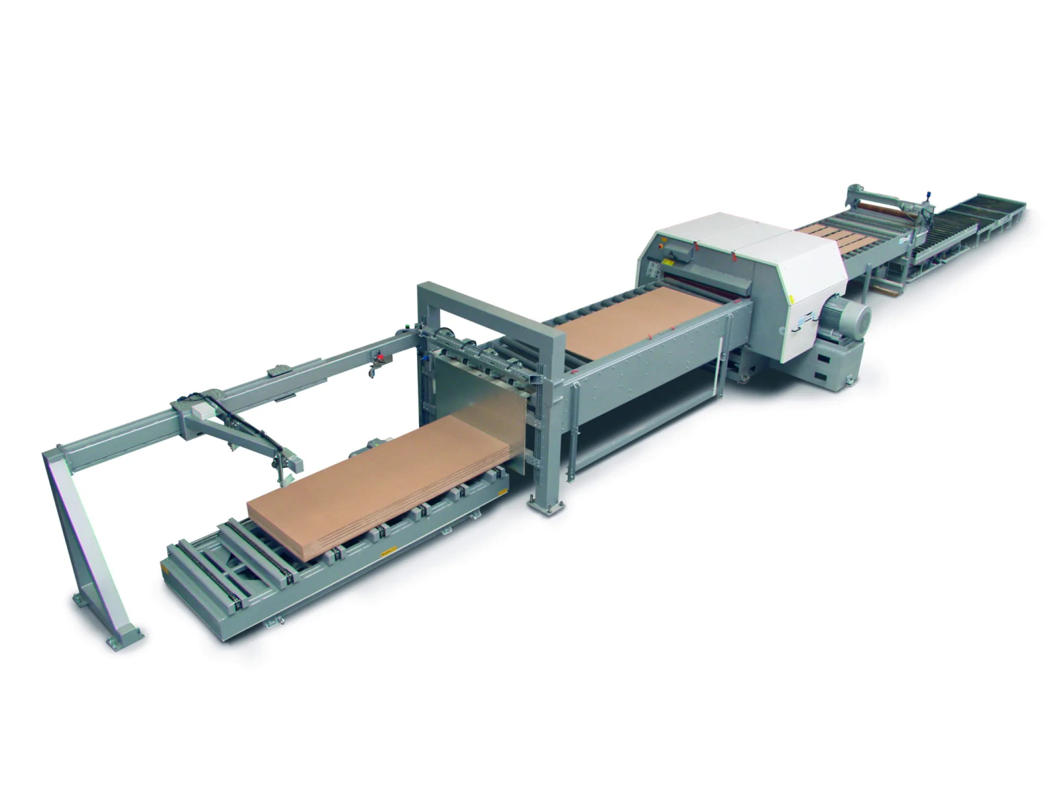 Panel rip system comprising  a multirip circular saw with automatic  feeding and stacking system