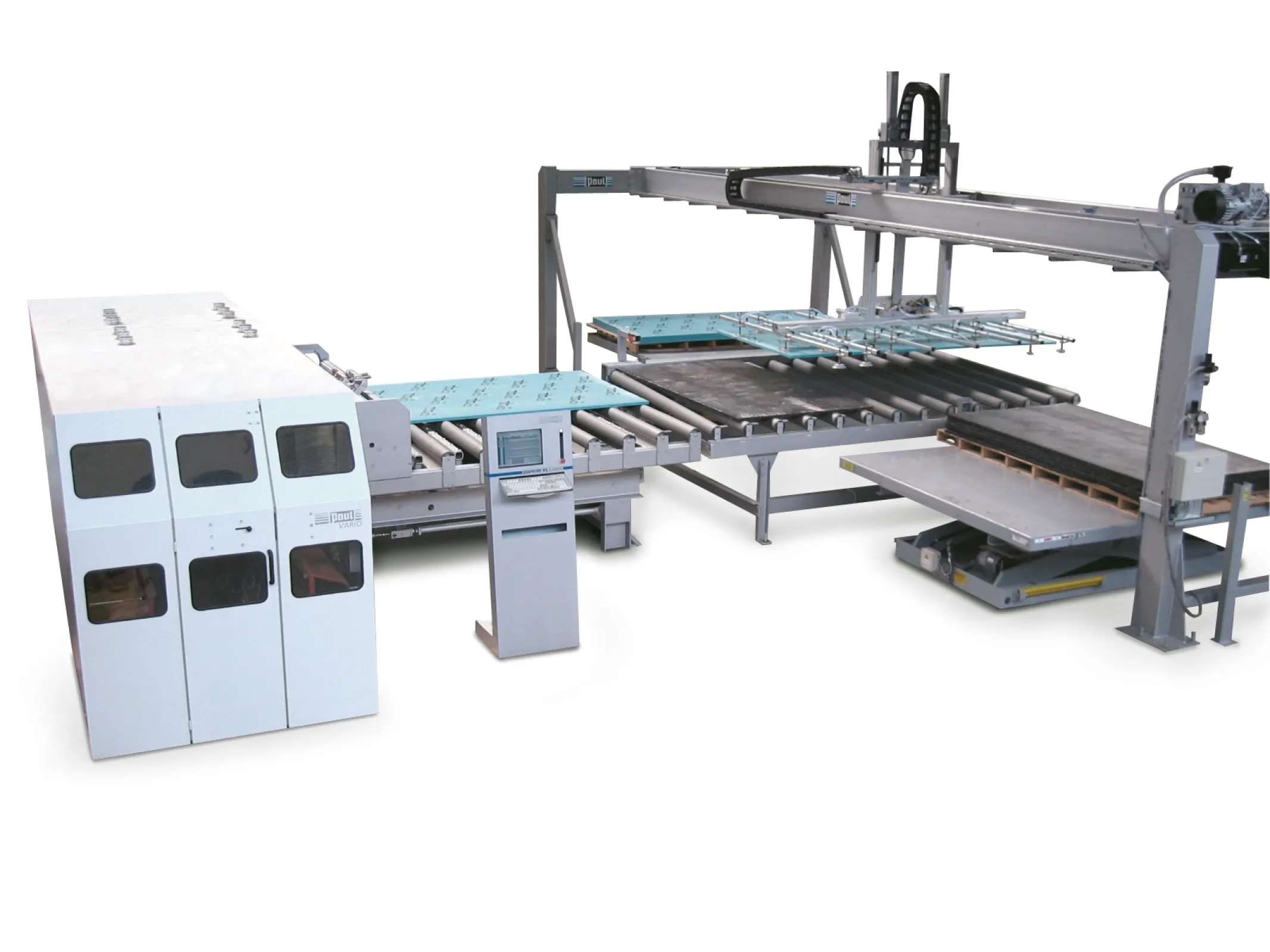 Panel rip system  comprising an automatic  vacuum destacker used in  the plastics industry