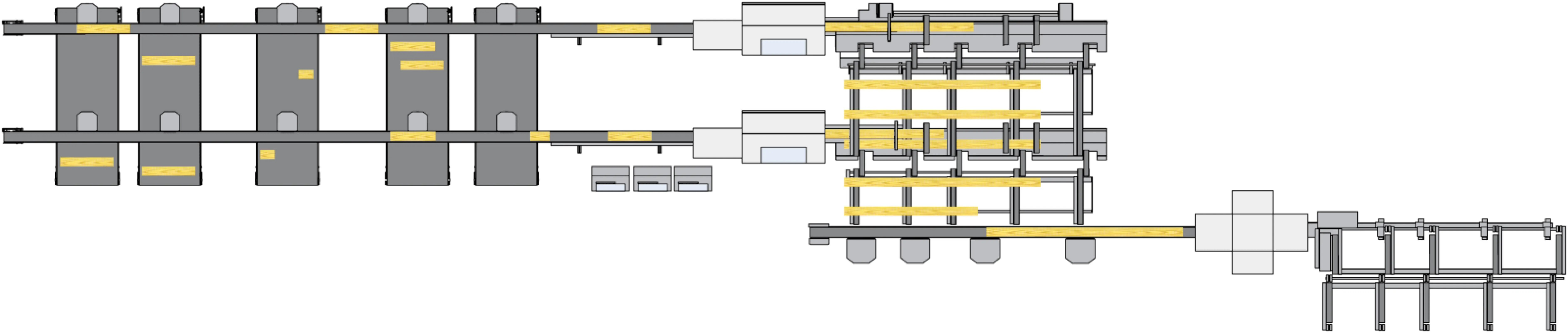 Cutting system with automatic feed, scanner and sorting.