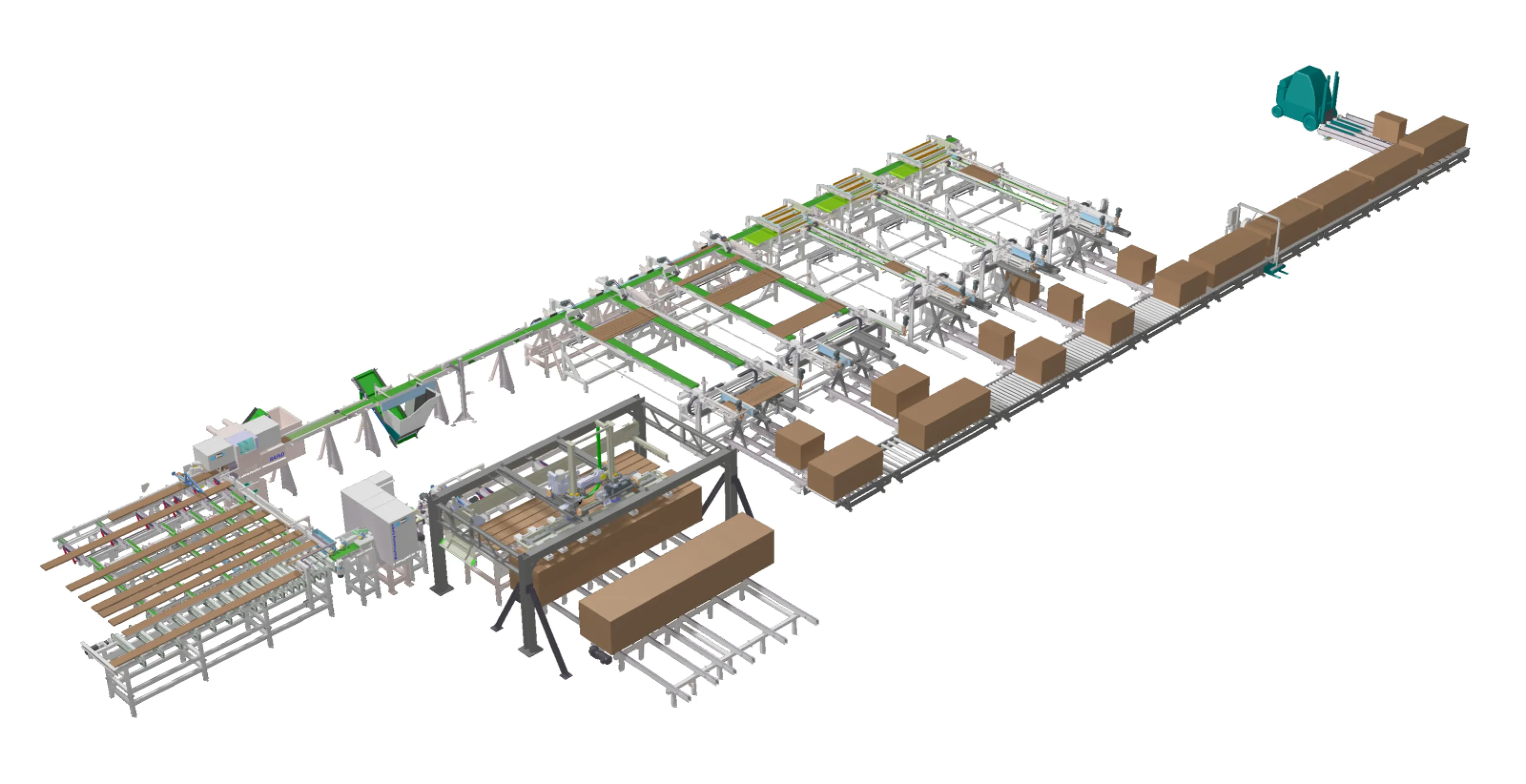 Automatic destacking, singulation of the material, scanner, cross cutting, sorting and stacking