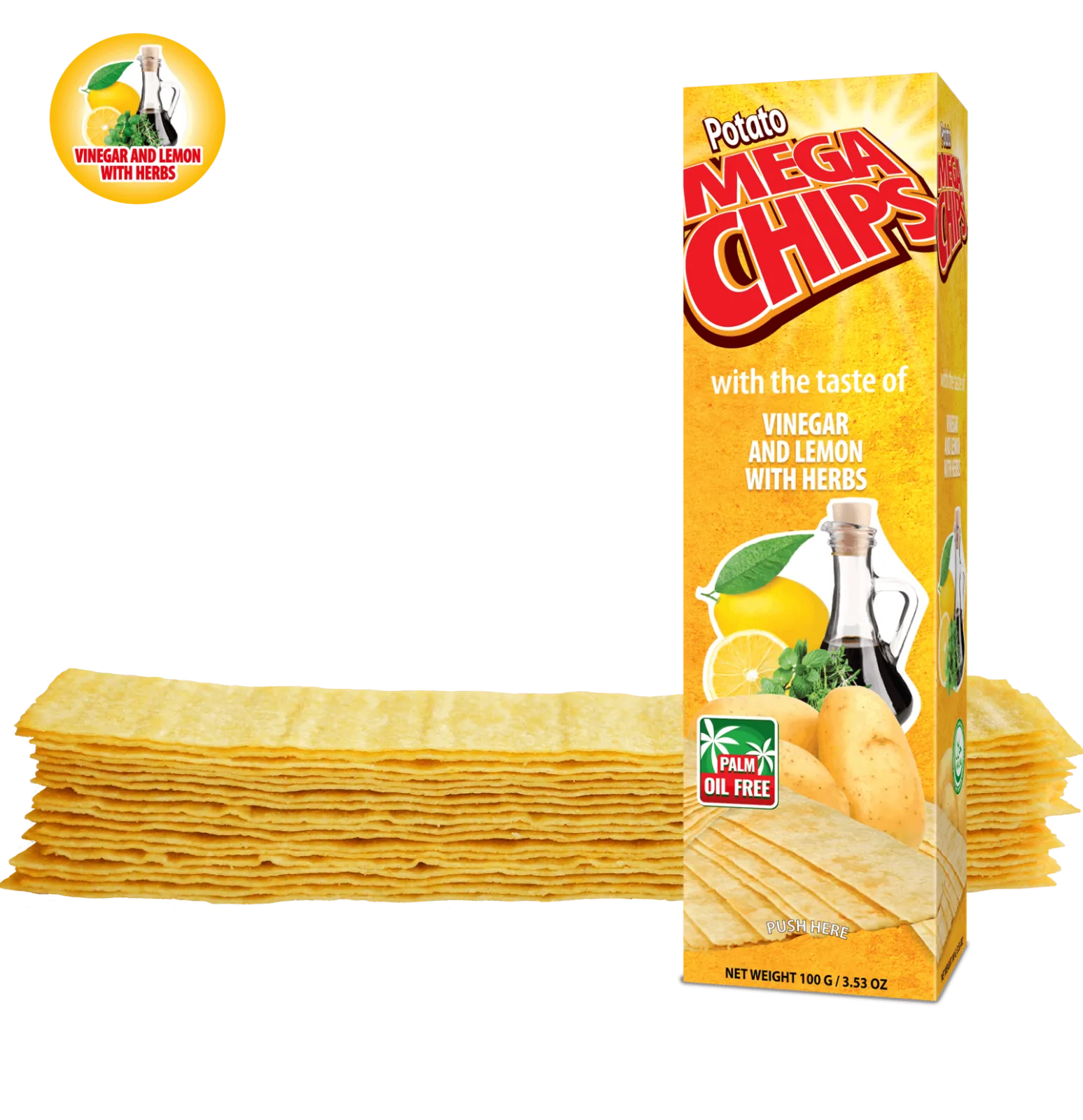 Potato Mega Chips with the taste of Vinegar and Lemon with Herbs