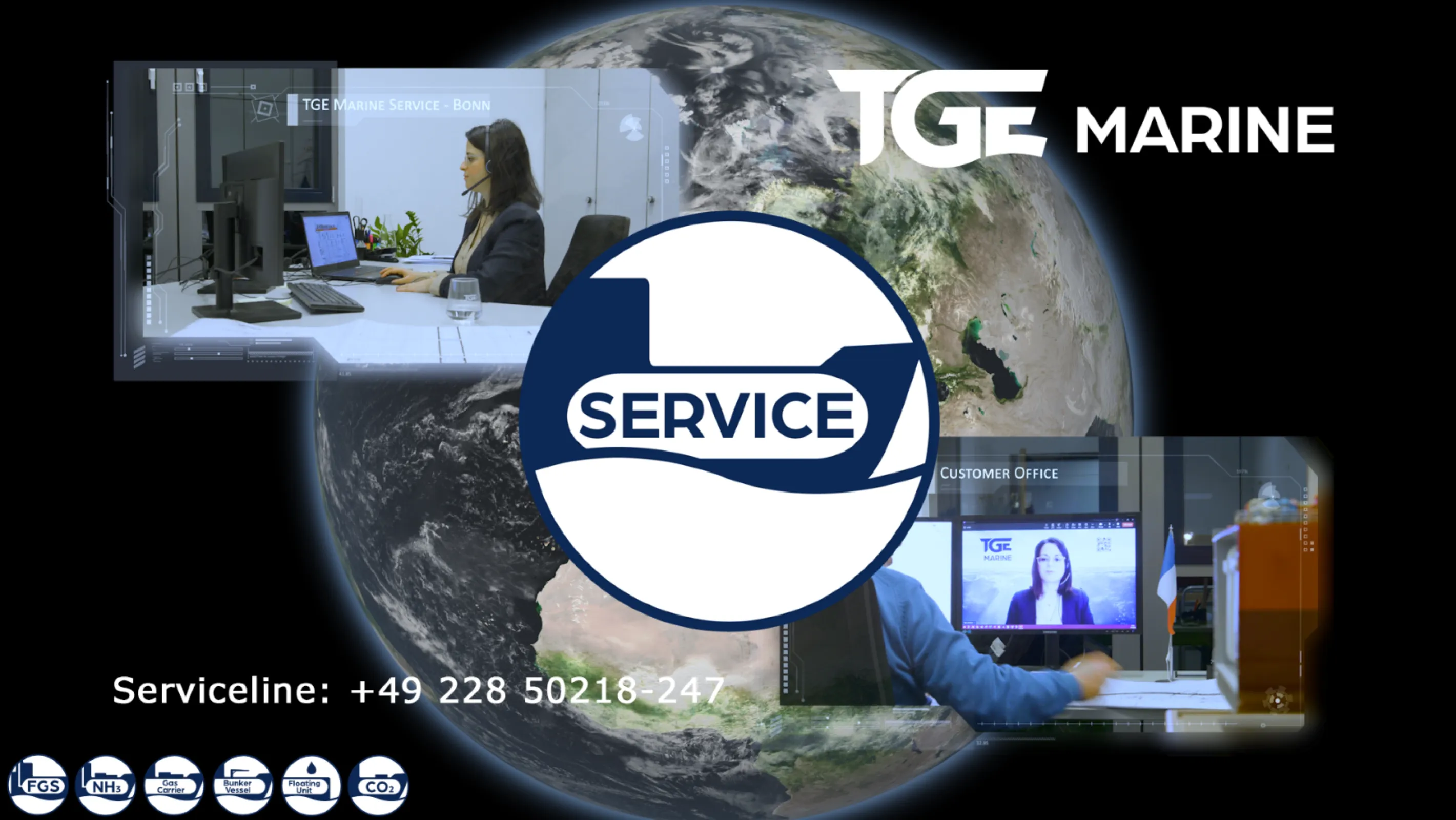 TGE Marine’s experienced service crew – locally on board or remotely, 24/7 / 365