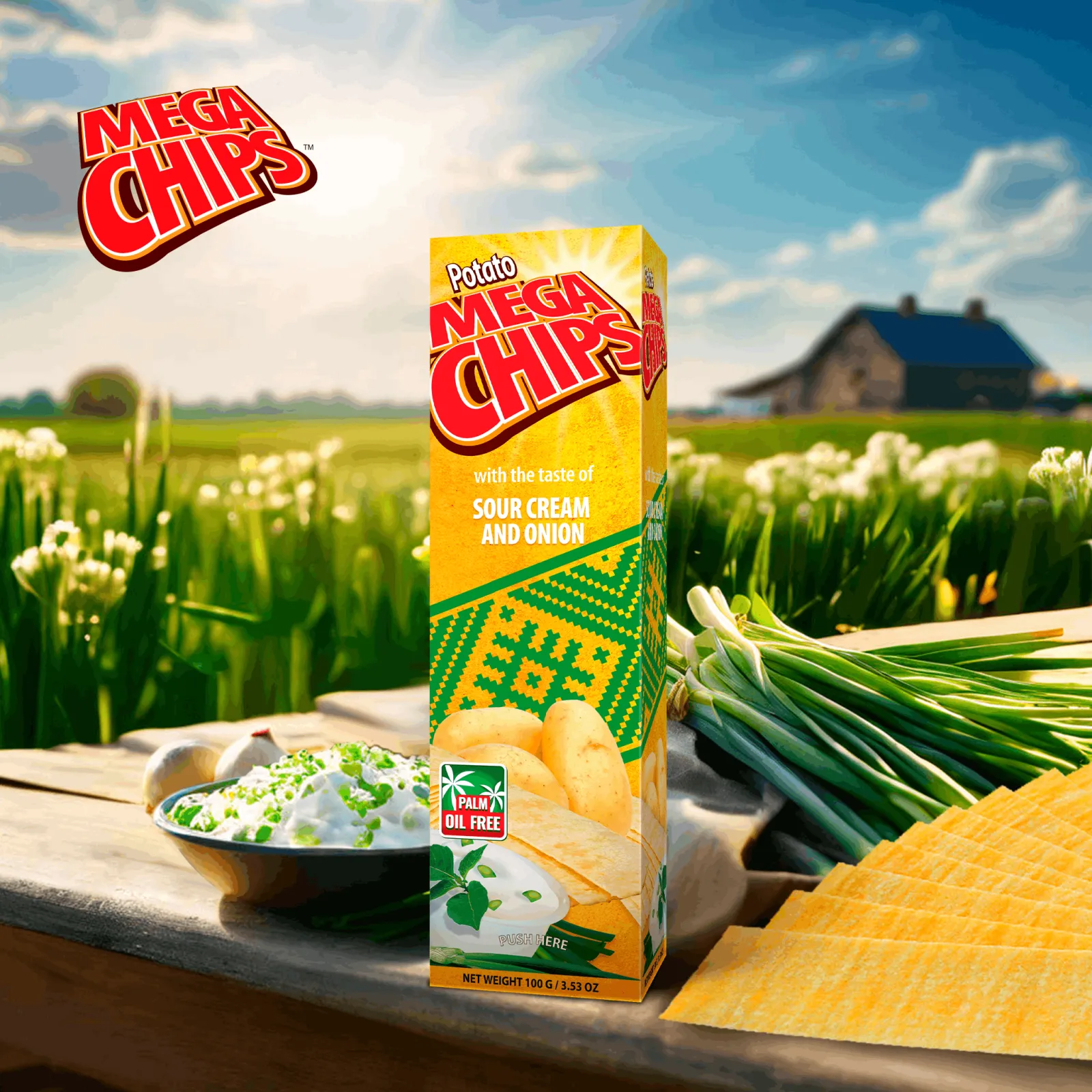 Potato Mega Chips with the taste of Sour Cream and Onion