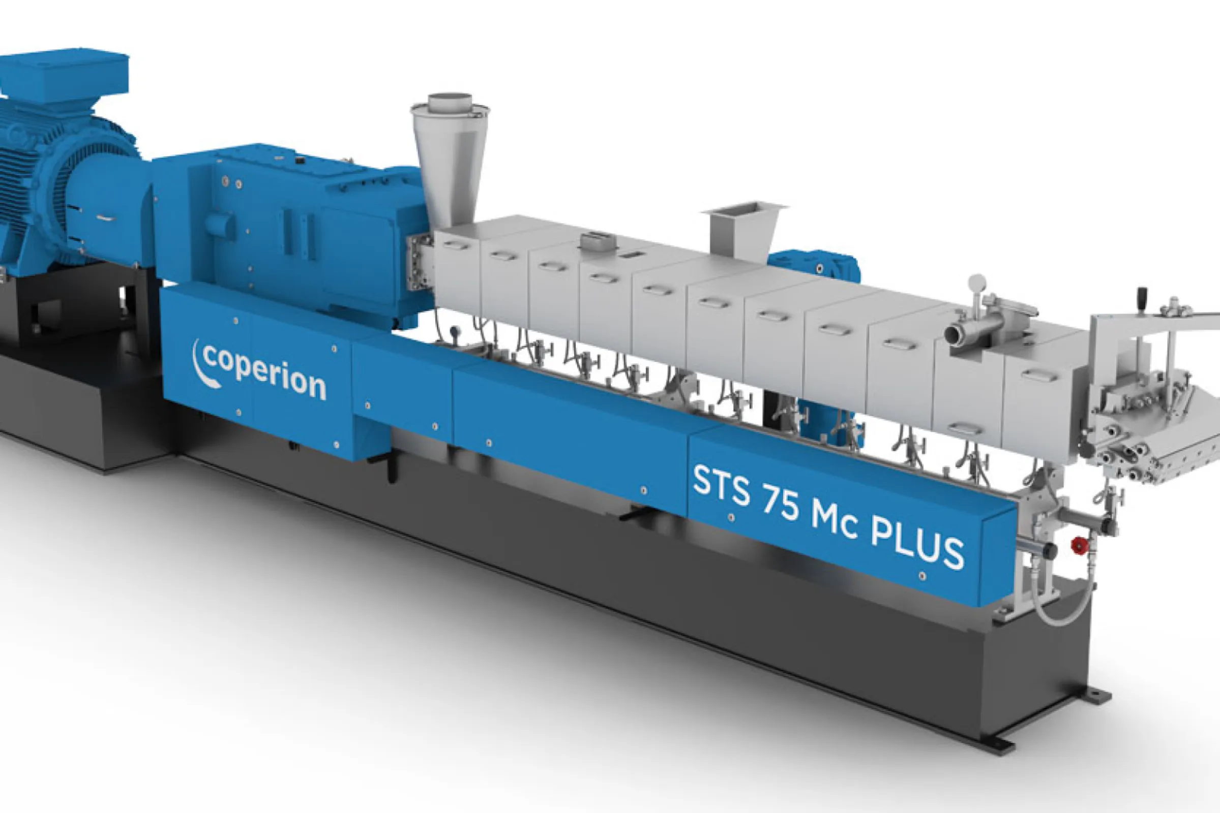 The STS 75 Mc PLUS twin screw extruder achieves up to 20% greater throughput with improved product quality, at an increased specific torque of 13.6 Nm/cm³.